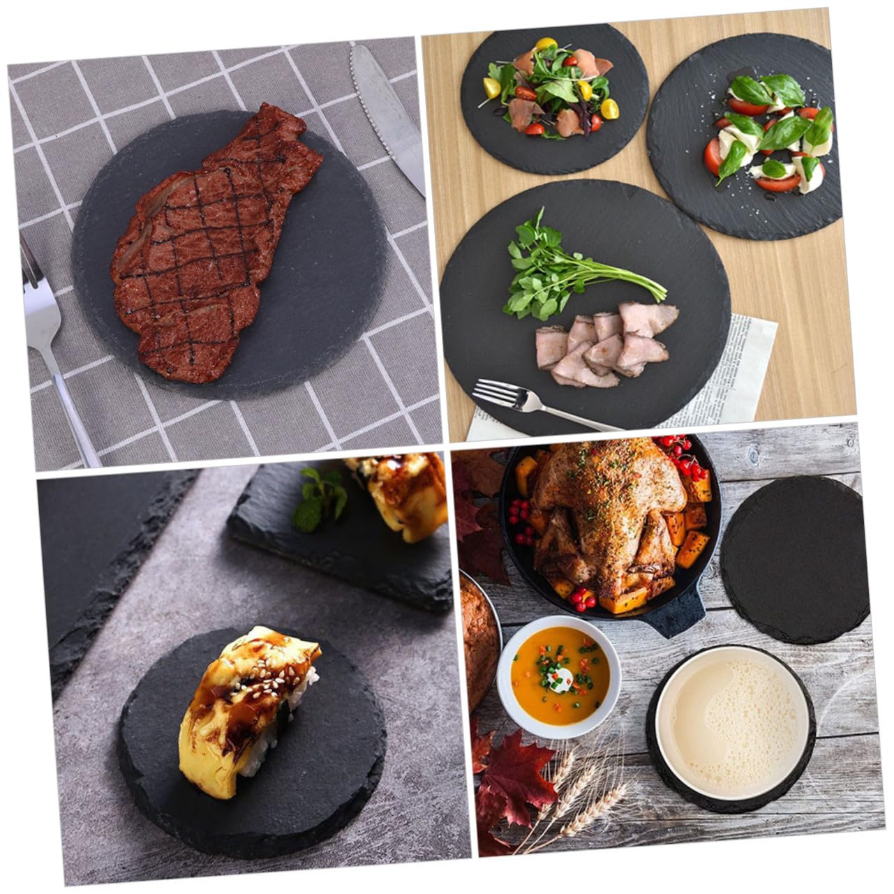 VALICLUD Bandeja Redonda para Servir Comida de Pizarra Natural Negra Resistentes 2 Piezas Platos Pequeños Ideales para Uso en Casa y Hotel