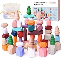 YHHYTOY 48PCS Wooden Stacking Rocks Montessori Toys for 3-6 Year Olds - Balancing Stones Building Blocks Sensory Game Birthday Gift