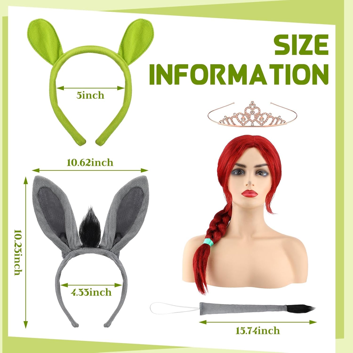 Newcotte Ogre Princess Donkey Style Cosplay Set Long Braided Wig with Crown, 2 Pcs Green Ears Donkey Headband with Tail for Party