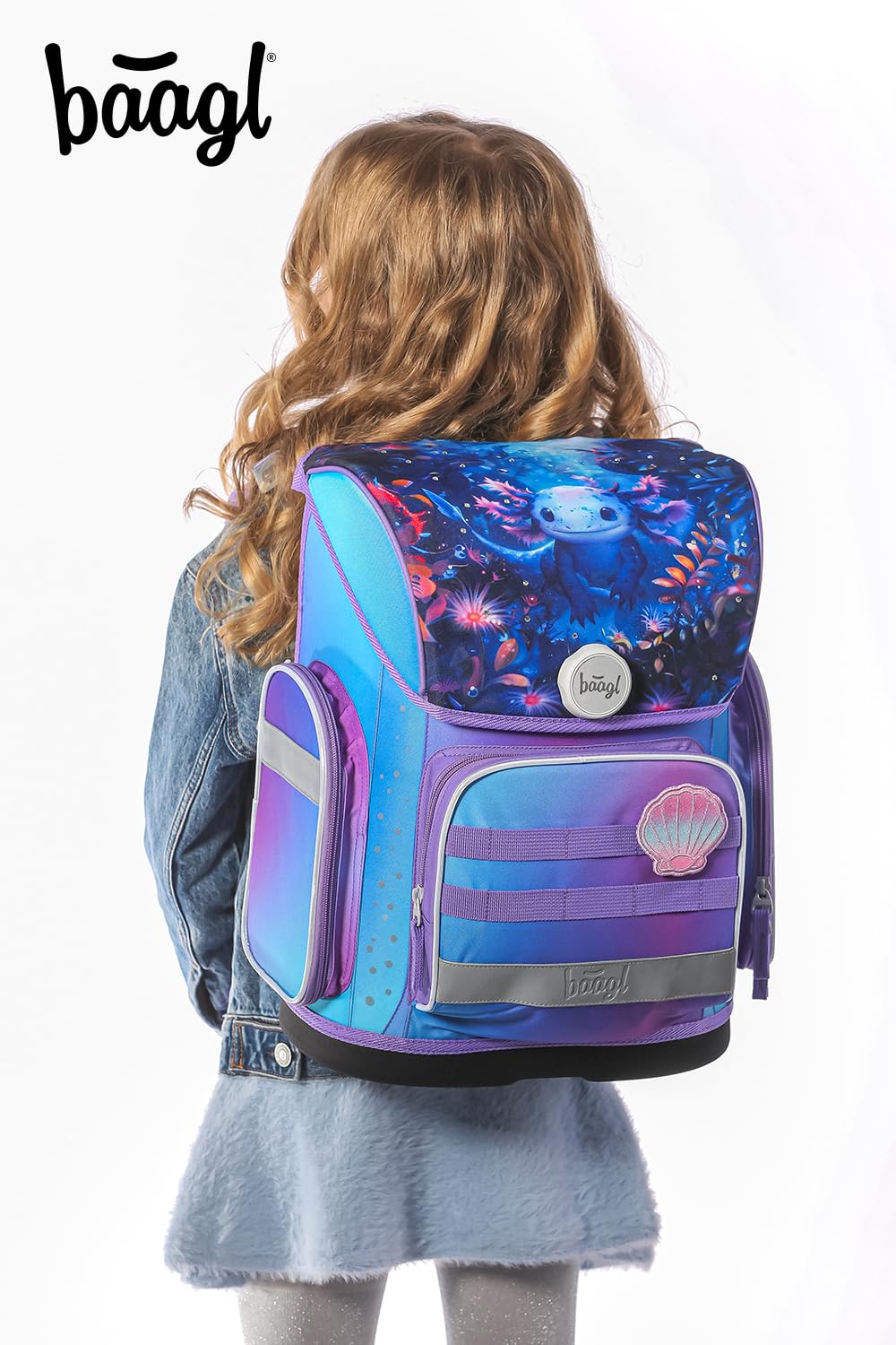 Baagl Schulranzen Jungen Mädchen Set 3 Teilig, Ergo Schultasche für 1. Klasse, Ergonomische Grundschule Ranzen Tornister mit Brustgurt (Axolotl)