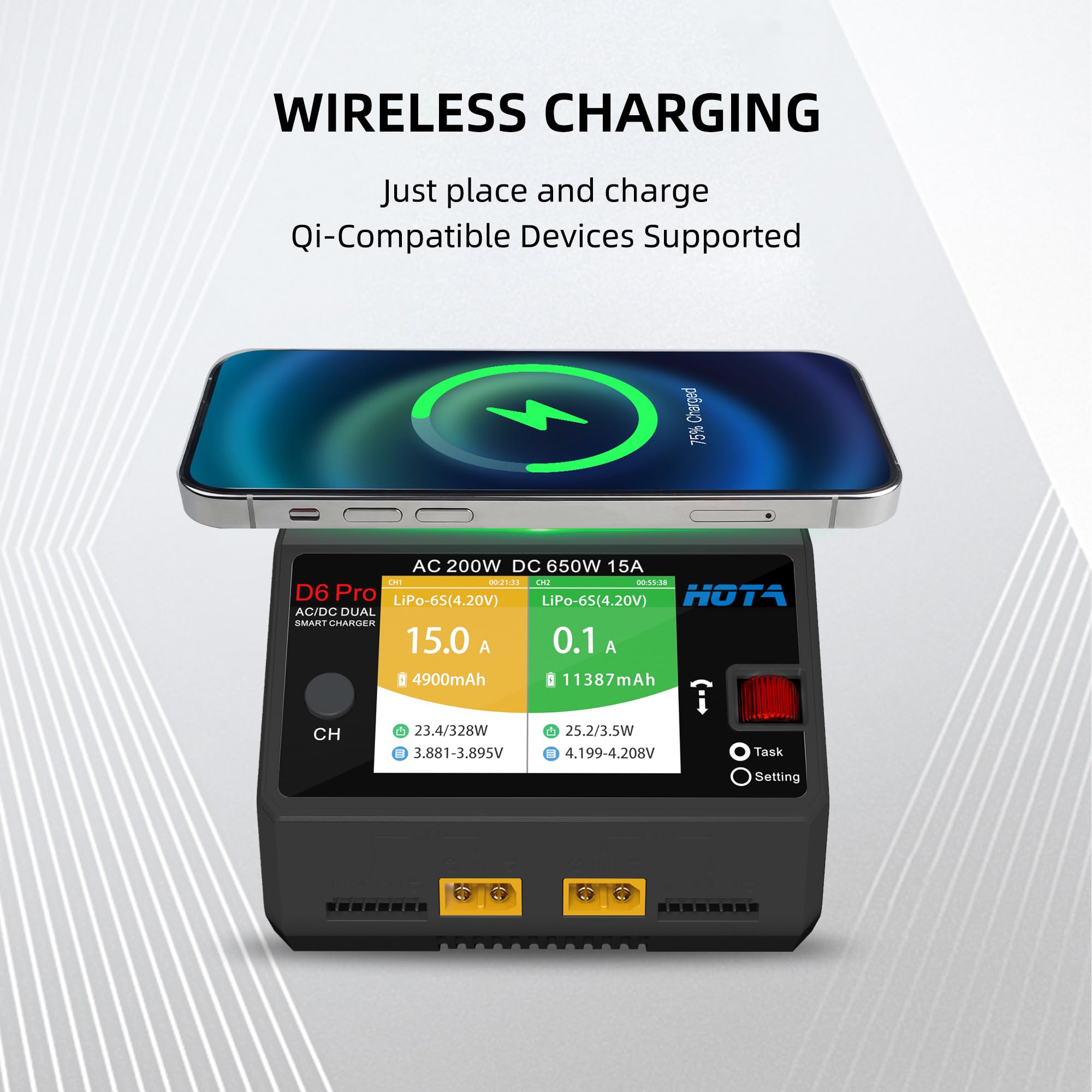 HOTA D6 Pro Dual Channel Smart Charger AC200W/DC650W (15A x2) - per 1-6S LiPo/LiHV/NiMH/Pb batteria, con LCD a colori, pannello di ricarica wireless e USB 5V - Compatibile con RC auto, barca, FPV