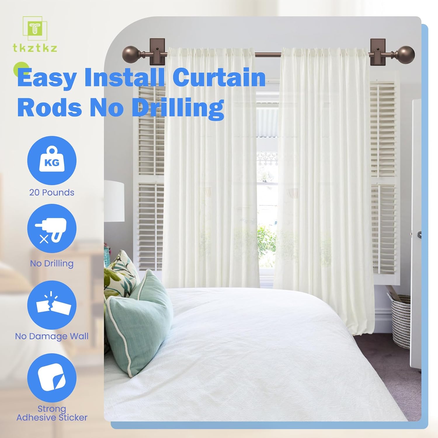 TKZTKZ Curtain Rods No Drilling, 36-88 Inch Adjustable No Drill Curtain Rod with Adhesive Brackets, 5/8" Renter Friendly Stick On Rod for Apartments, Bedroom, RV, Heavy Duty 20-30 lbs, Antique Bronze