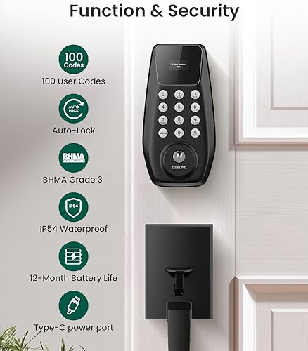 Miniatura 6 de DESLOC Cerradura de puerta de entrada sin llave C100 con teclado, cerradura inteligente para puerta delantera con 2 llaves, bloqueo automático,