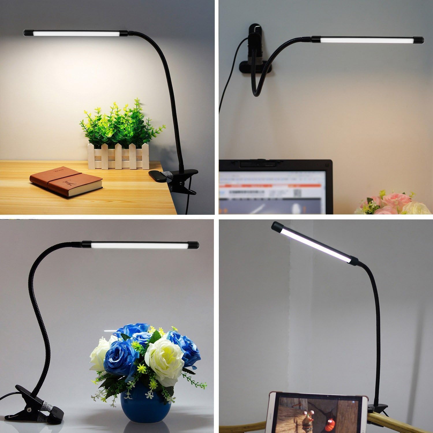 Akynite Lampa biurkowa LED z zaciskiem, adapter w zestawie, 3 kolory 10 intensywności, elastyczna lampa USB łabędzia szyja, klips do manicure stołowy, lampa zaciskowa