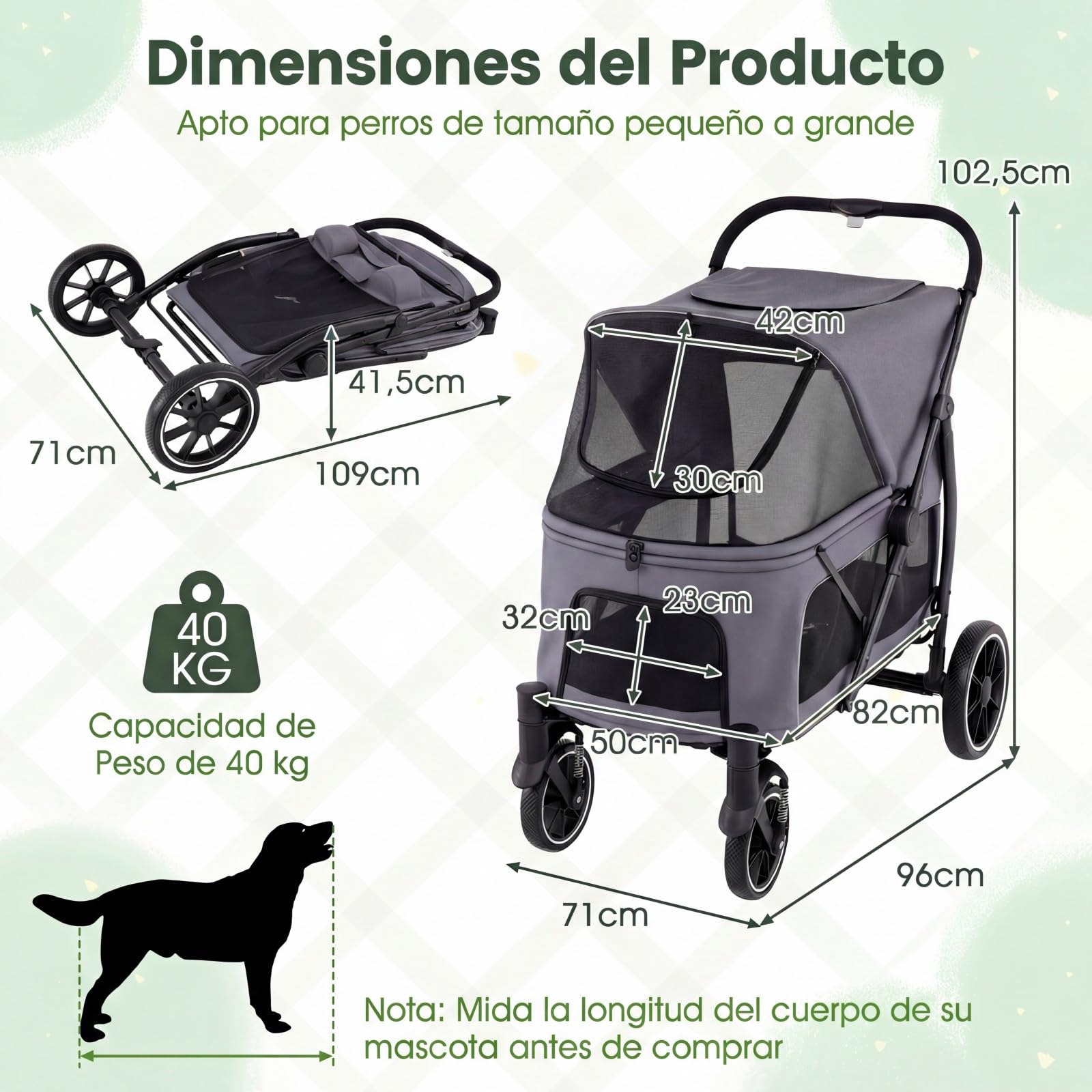 COSTWAY Carrito para Perros Plegable Grande, Cochecito para Mascotas con Ruedas, Toldo Ajustable de Malla, Bolsillos de Almacenamiento y Cinturón de Seguridad, Carga 40 kg, 96 x 71 x 102.5 cm (Gris)