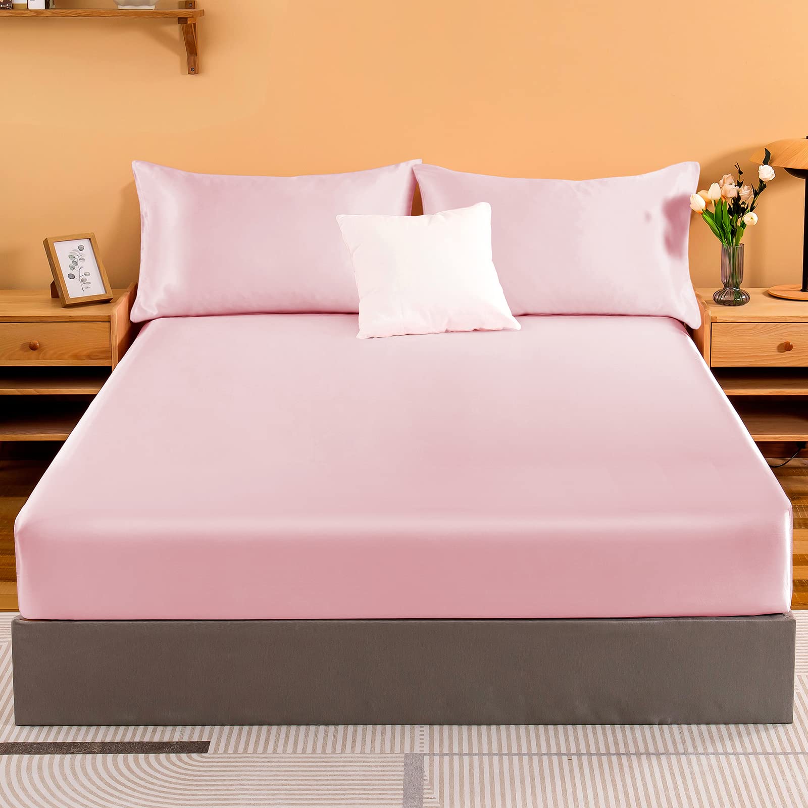 NSGZ Pink Satin Fitted Sheet Only, Silky Full Fitted Bed Sheet Soft Deep Pocket Single Bottom Bed Sheets, Wrinkle Free & Fade Resistant & Breathable Bedding Fitted Sheet Sold Separately