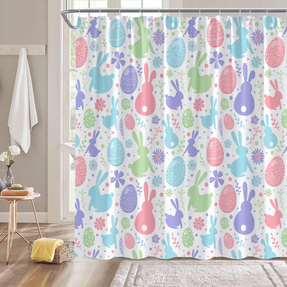 Easter Shower Curtain Extra Long,Colorful Bunny Eggs Spring Funny Rabbit Festival Cute Bathroom Decor Curtain with Hooks,