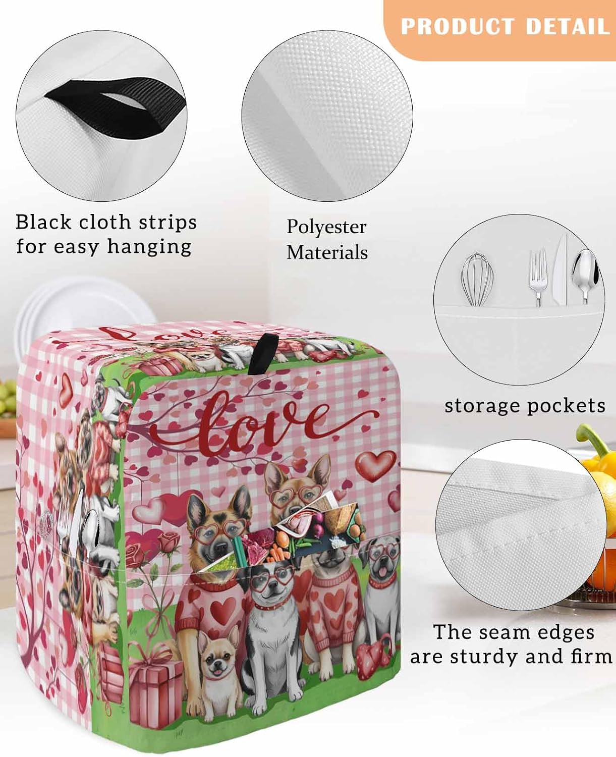 Valentine's Day Stand Mixer Cover with Storage Pocket, Waterproof Kitchen Mixer Covers, Funny Dogs Love Roses Spring Pink Plaid Kitchen Appliance Dust Cover Compatible with 5-8 Quart Mixers