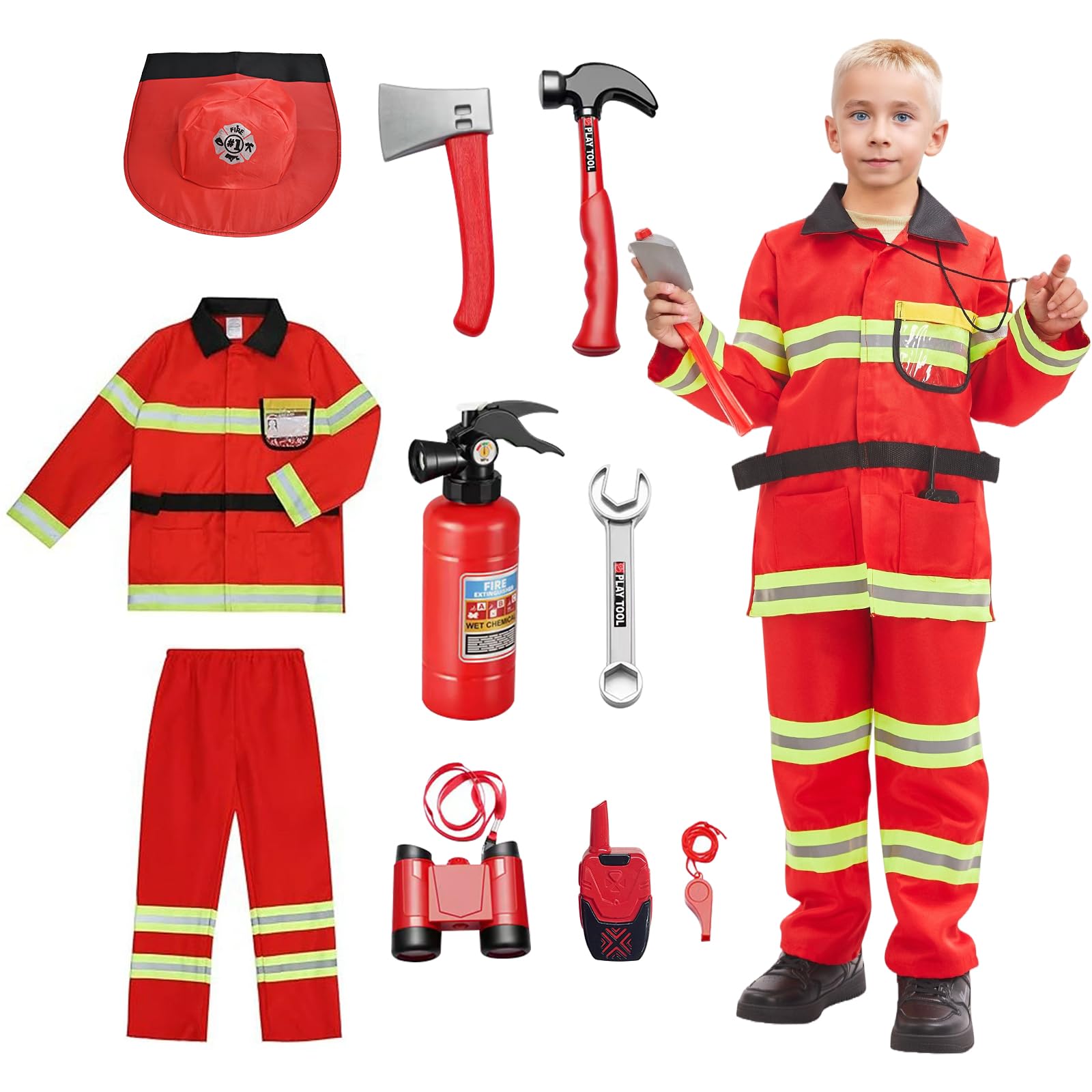 Luckyou Vestito Pompiere Bambino Costume da Pompiere per Bambini con Accessori Costume da Capo dei Pompieri Esercitazioni Antincendio Cosplay Halloween Carnevale