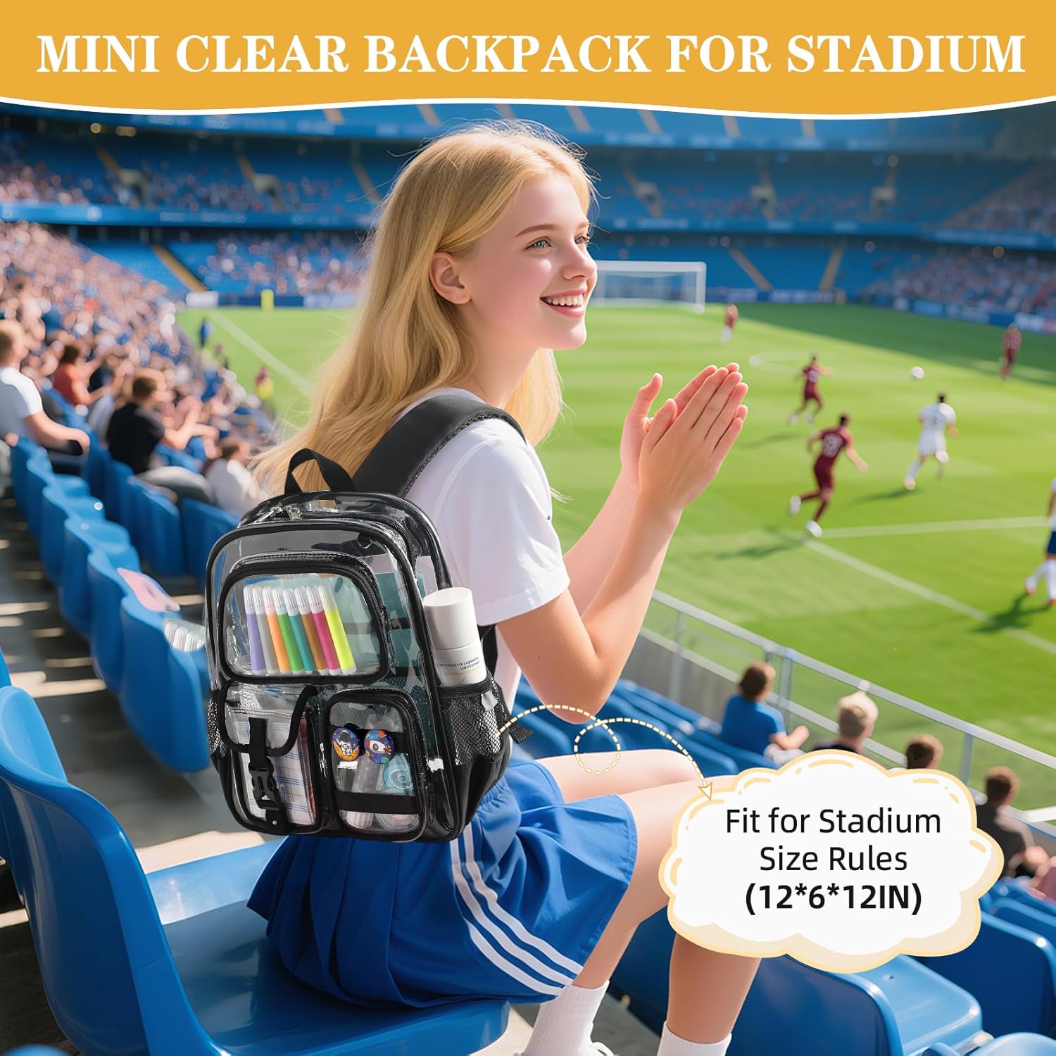 Mini Clear Backpack for Stadium Approved 12x6x12, Small Transparent Backpacks Plastic See Through Clear Bag for Kids Girls Women for Sporting Event, Concerts, Work, Festival (Black)