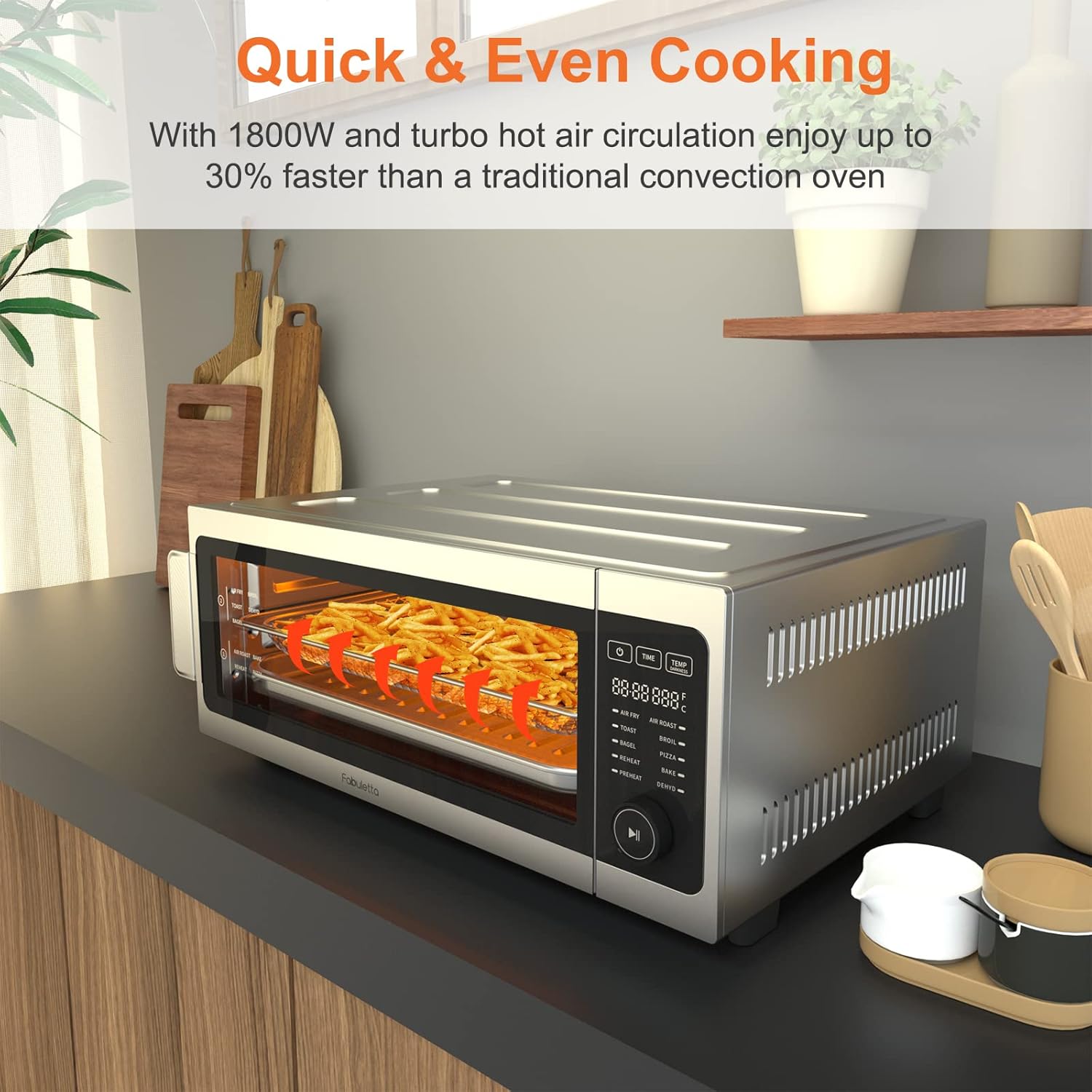Fabuletta Air Fryer Toaster Oven cooking french fries with visible hot air circulation, demonstrating quick and even cooking.