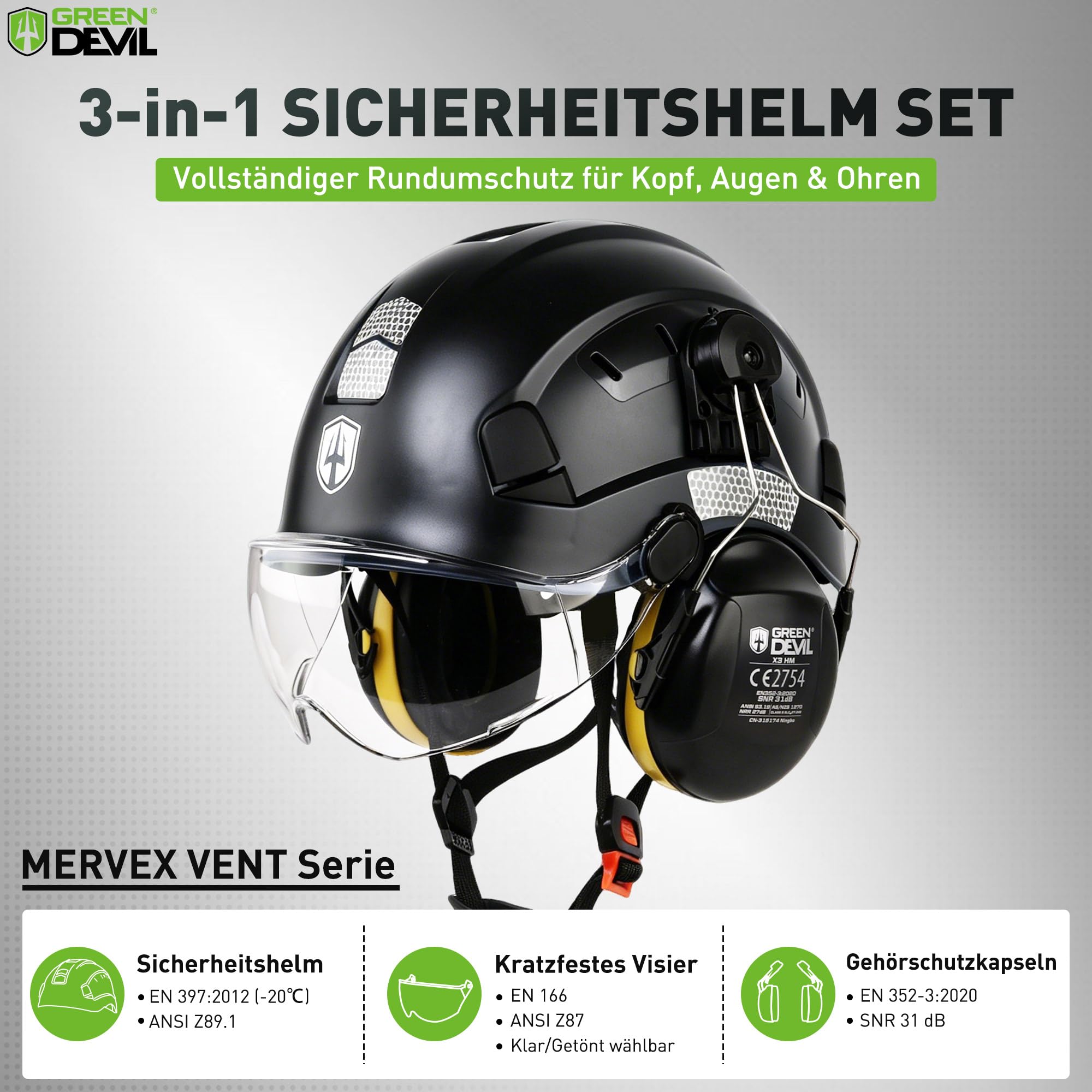 GREEN DEVIL Casco de Trabajo con Visera Transparente y protección auditiva Orejeras ABS Ajustable Casco de Seguridad ventilado con Casco Industrial EN 397