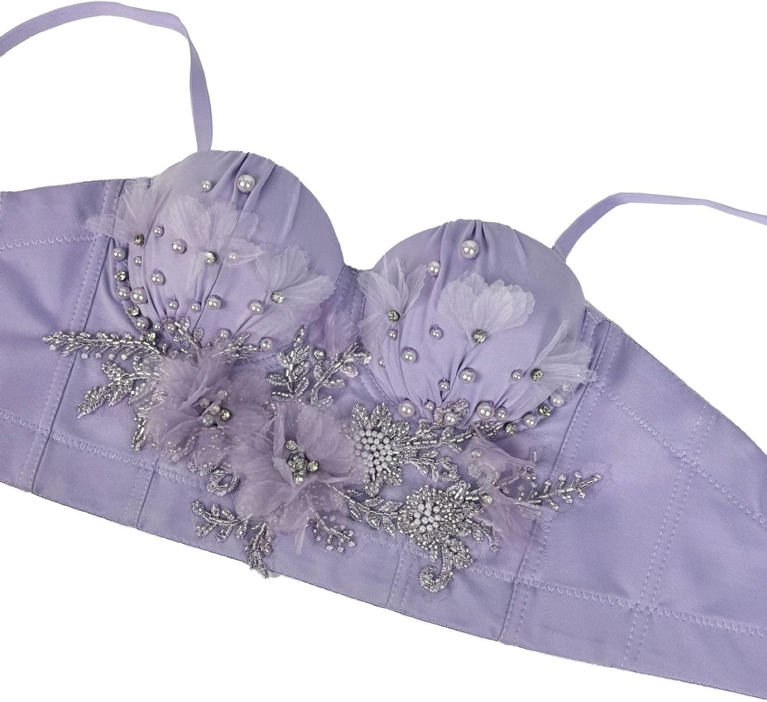 Women Bustier Corset Tops 3D Floral Handmade Pearl Rhinestone Push Up Spaghetti Strap Going Out Party Club Top