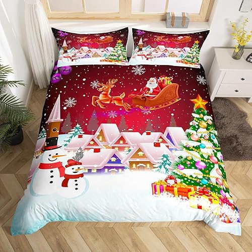 Manfei Juego de funda de edredón de Navidad tamaño matrimonial, juego de ropa de cama de árbol de Navidad de muñeco de nieve, 3 piezas para