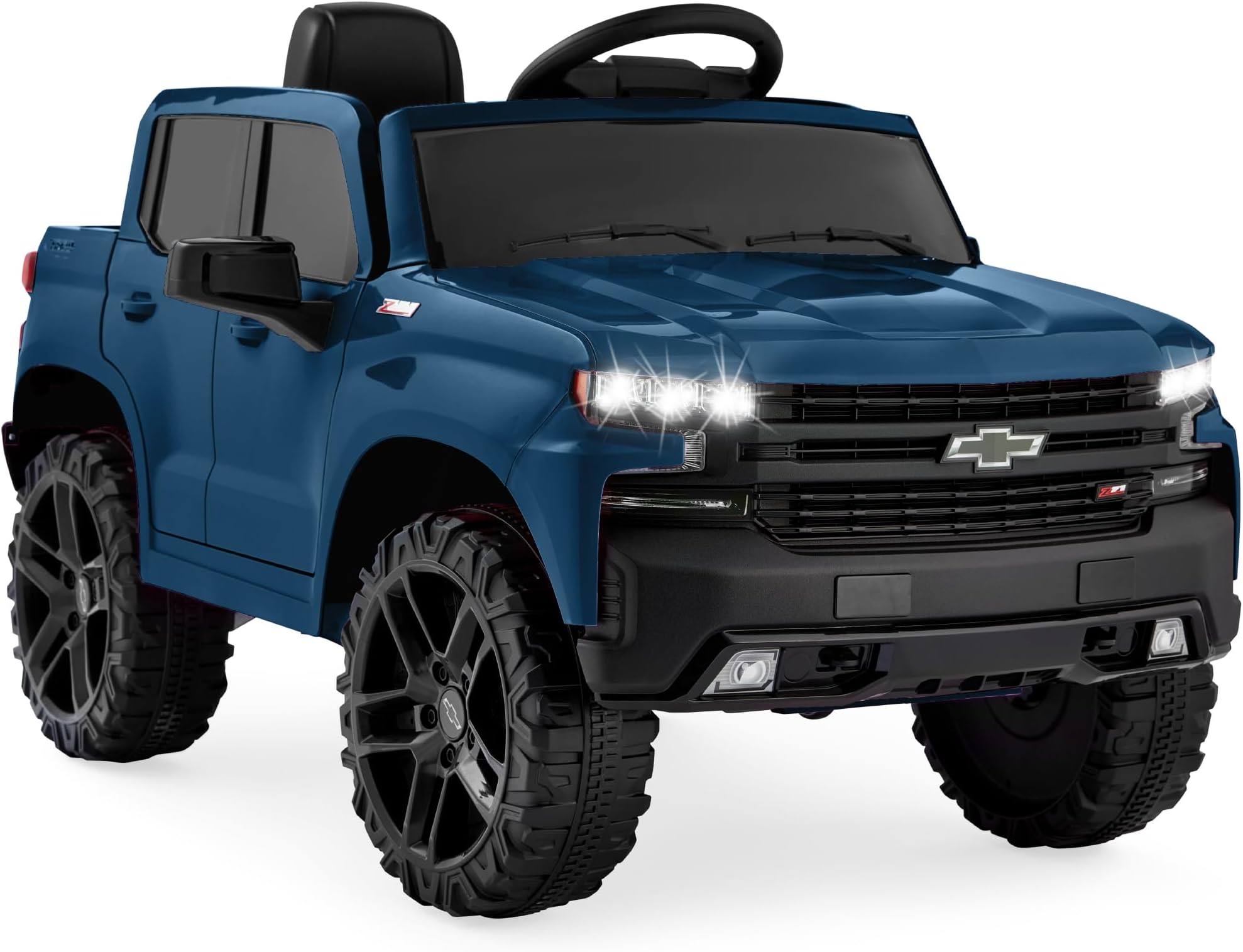 12V Licensed Chevrolet Silverado Ride On Truck, Electric Car Toy w/Parent Remote Control, Truck Bed Storage, Bluetooth Speaker, LED Lights, 2.5 MPH Max Speed - Blue