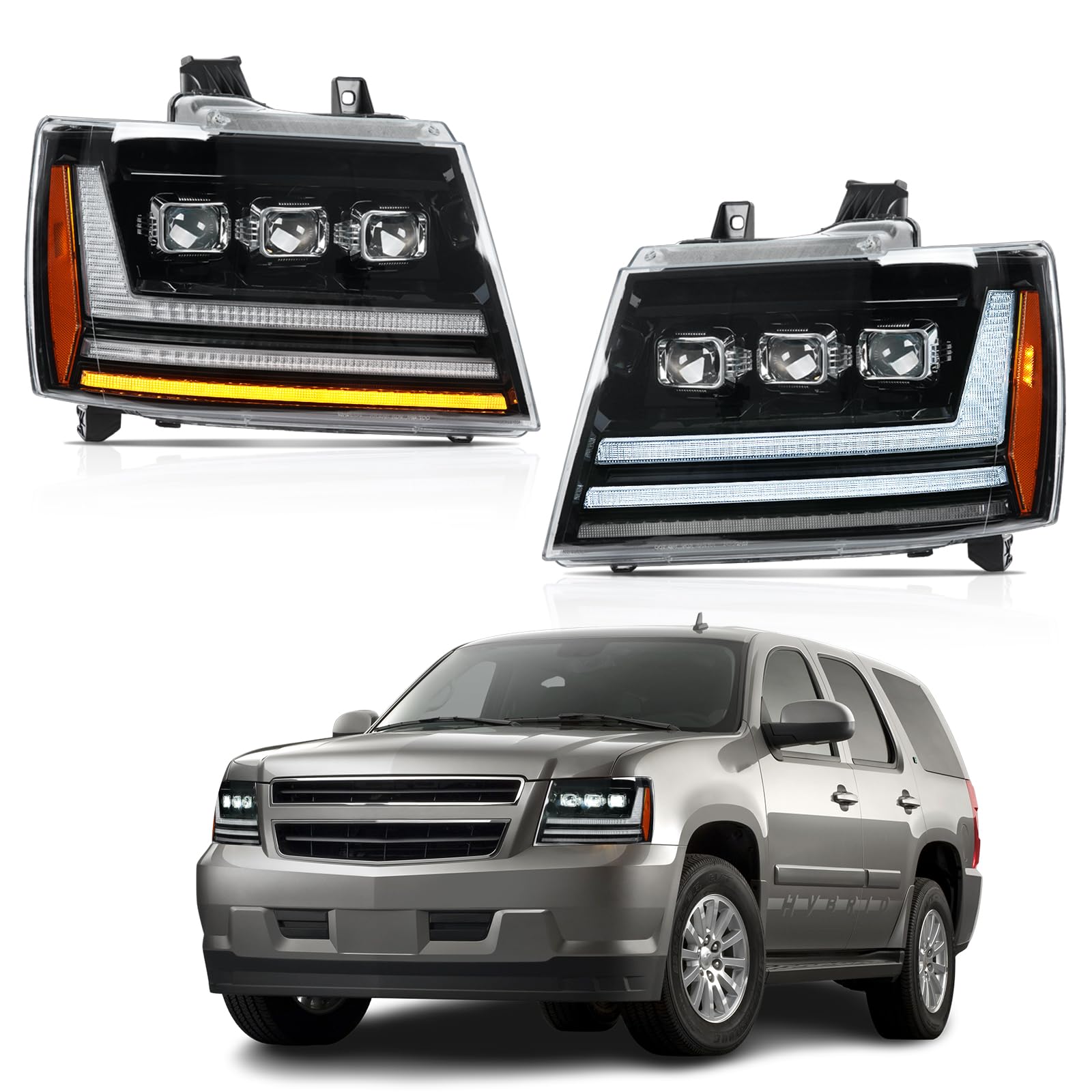 LED Fari Anteriori compatibili con Chevrolet Tahoe Suburban Avalanche 2007-2014, con freccia direzionale sequenziale e luci diurne (DRL) animate bianco/gialle