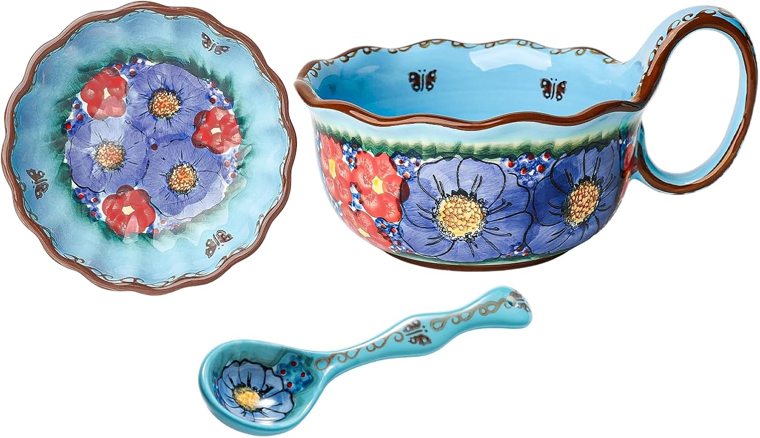 Handmade Ceramic Soup Bowl, Plate and Spoon Set, 30 oz (Glazed Blue)
