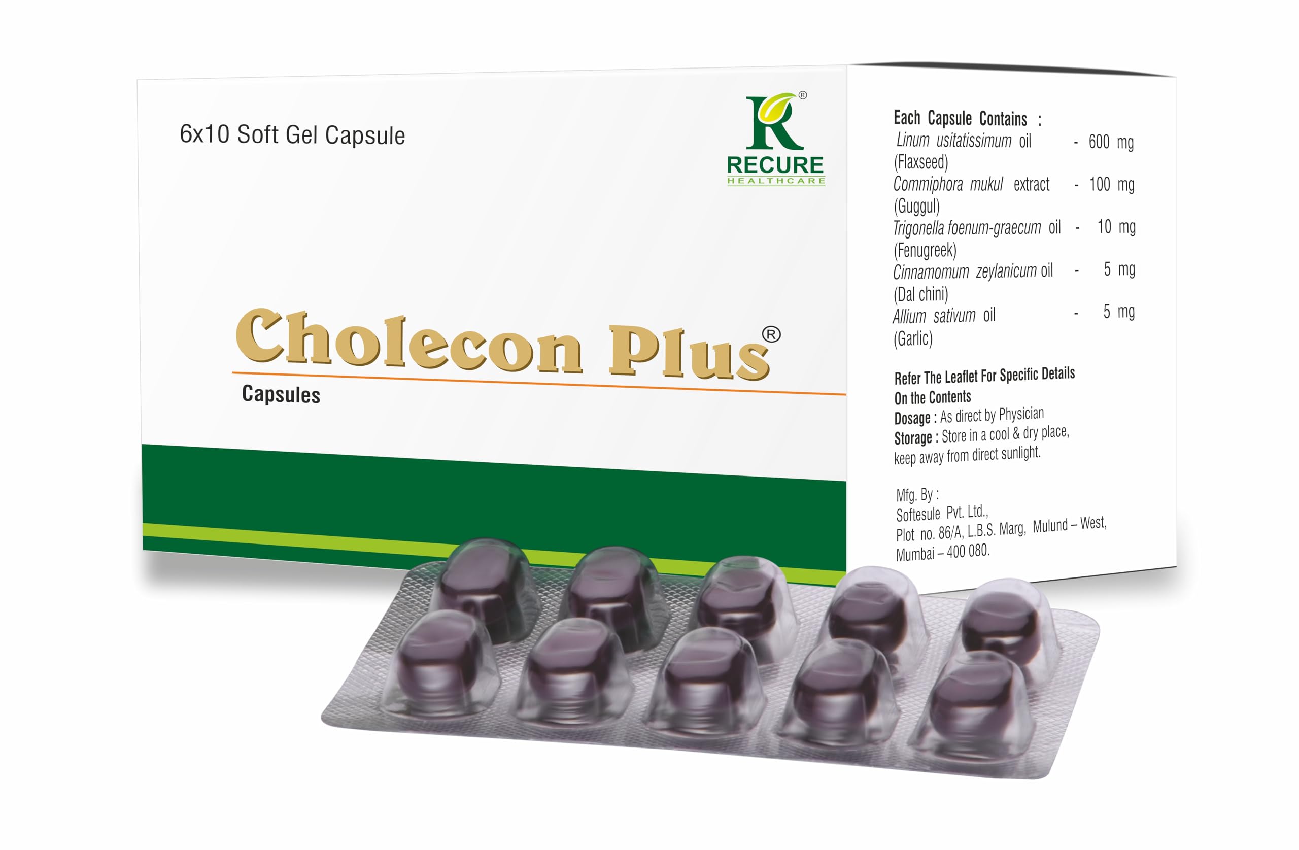 Cholecon Plus60 pieces soft gelatin capsules for cholesterol management and control. Contains oils of linseed, methi, darchini, garlic and extract from Guggal