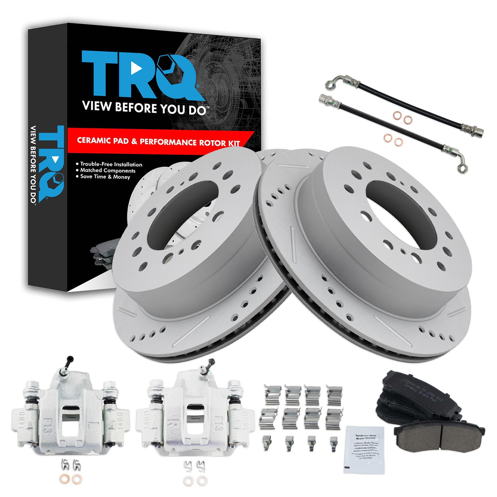 TRQ Performance Rear Brake Pad and Rotor Set Ceramic Drilled Slotted Calipers Compatible with 2003-2009 Toyota 4Runner 2007-2009 FJ Cruiser