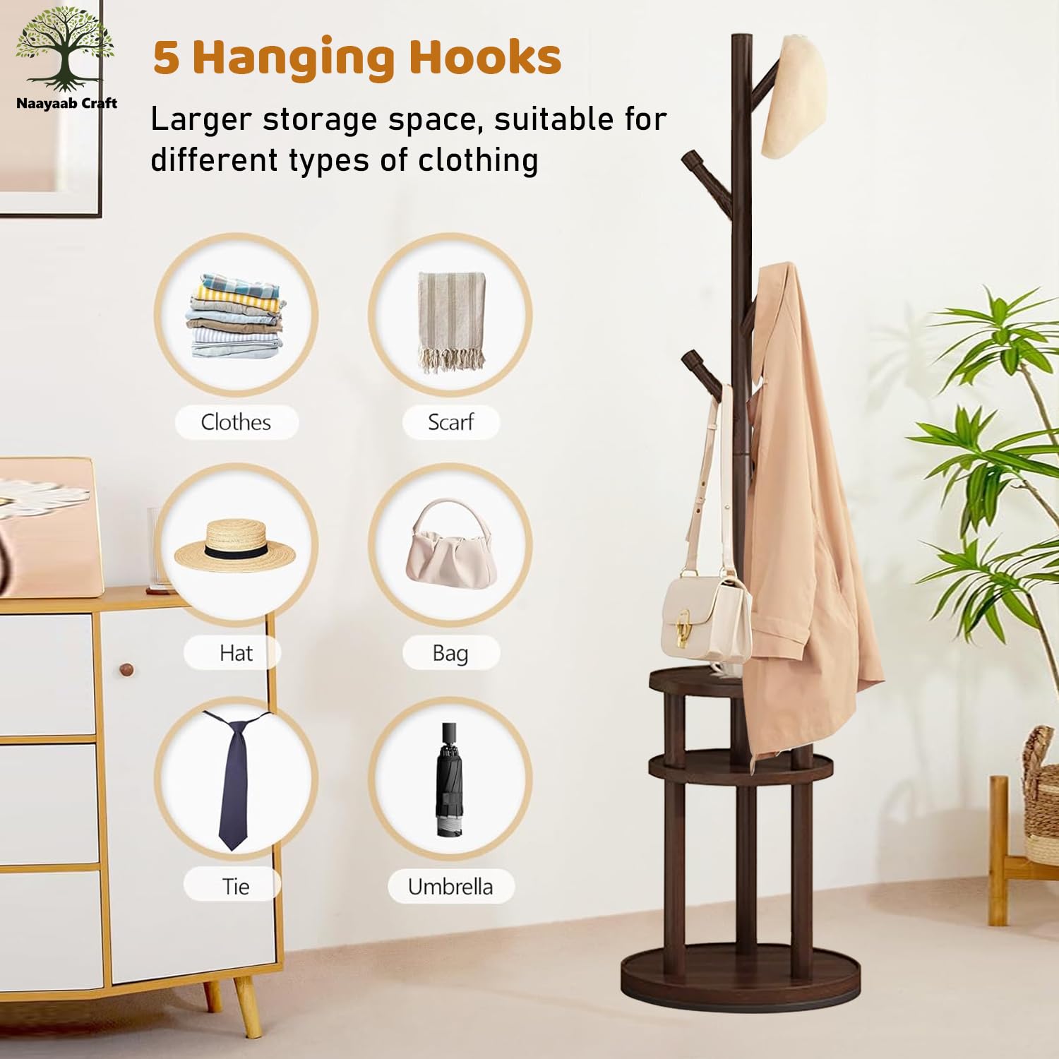 Naayaab Craft Bamboo 6 Hook Coat Hanger Stand for Hanging Clothes, Hats, Bag | Tree Shape Cloth Stand | Garment Rack | Modern Coat Rack for Home (40D x 40W x 161H) - Dark Brown, 30X30X161 Cm 1
