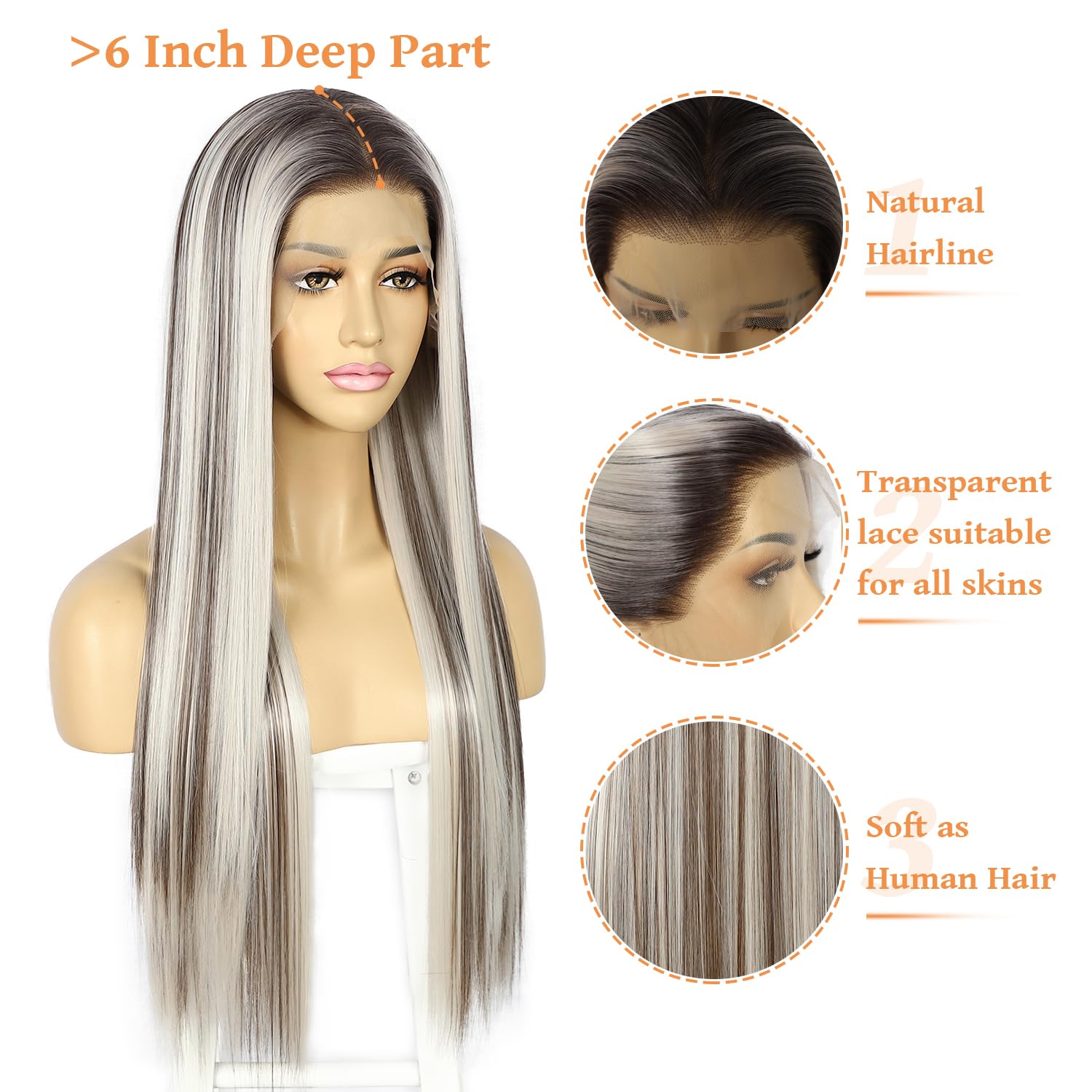 SAPPHIREWIGS Straight Synthetic Lace Front Wigs for Women Ombre Platinum Blonde Wigs with Brown Highlight Glueless 13×6 Long Silky Straight Wig Pre-plucked Hairline Daily Use 26 Inches