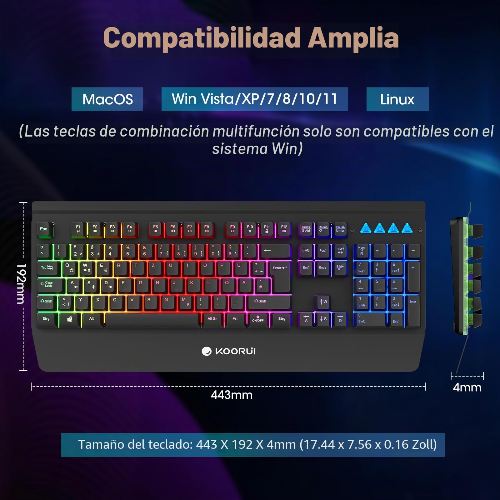 KOORUI Teclado para Videojuegos, diseño alemán QWERTZ con reposamuñecas, protección Fantasma, Cable USB, 12 Teclas Multimedia para Windows, MacOS Linux, Color Negro