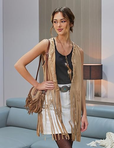 Miniatura 3 de HOTOUCH Chaleco de flecos para mujer, estilo hippie de los años 70, ante sintético, sin mangas, con borlas, cárdigan vaquera