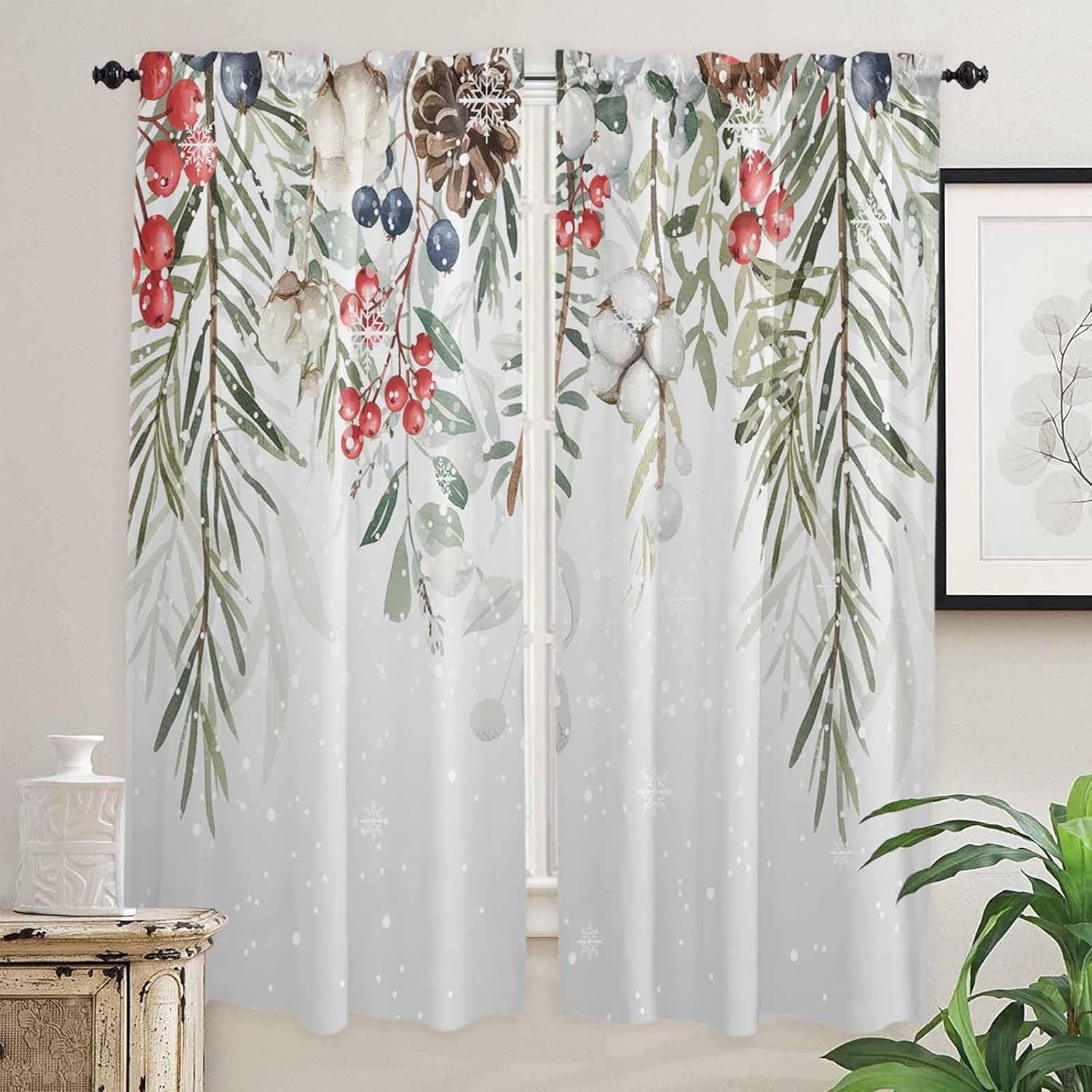 Sage Green Christmas Window Curtains 72 Inch Long 2 Panel Set,Rod Pocket Long Curtains & Drapes,Weeping Xmas Berry Floral Snowflake Light Filtering Window Treatment for Bedroom Living Room 52"W x 72"L