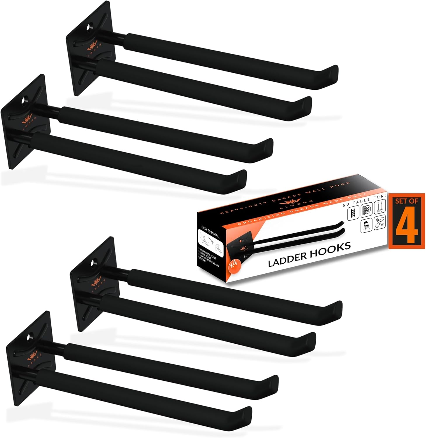 Ladder Hangers Set of 4 for Garage Wall - Hooks Heavy Duty - Hooks for Garage Wall Hanging - Shed, Yard and Garage Tool Hanger for Folding Chairs, ladders and Garden Tools