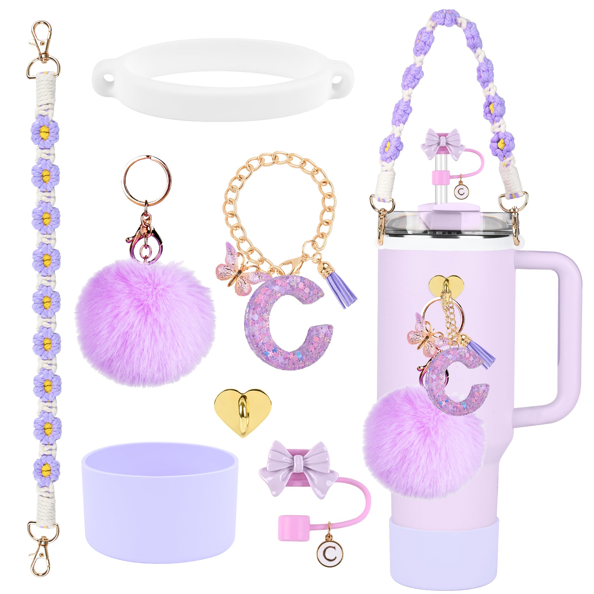 QUNNDYStanley Cup Accessories Set - 10mm Straw Topper, Silicone Boot, Water Bottle Handle Strap, Letter Charms for 40oz 30oz Tumbler (C)