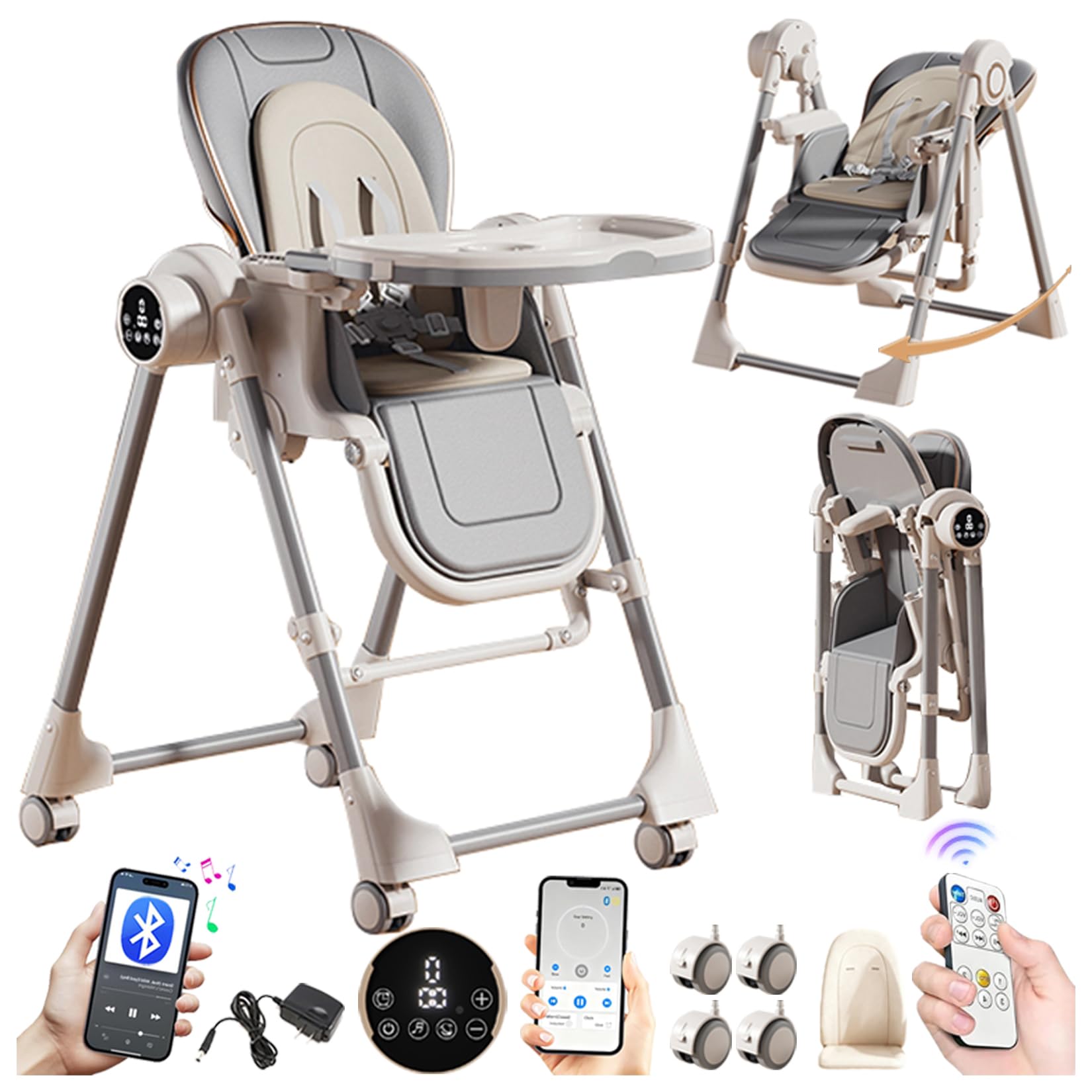 Magic ZC Elettrico Bluetooth Intelligente Pelle PU Seggiolone per Bambini Sedia da Pranzo per Pappa Pieghevole Convertibile Multifunzionale Regolabili con Doppi Vassoi Staccabili e Ruote (E8121 Grey)