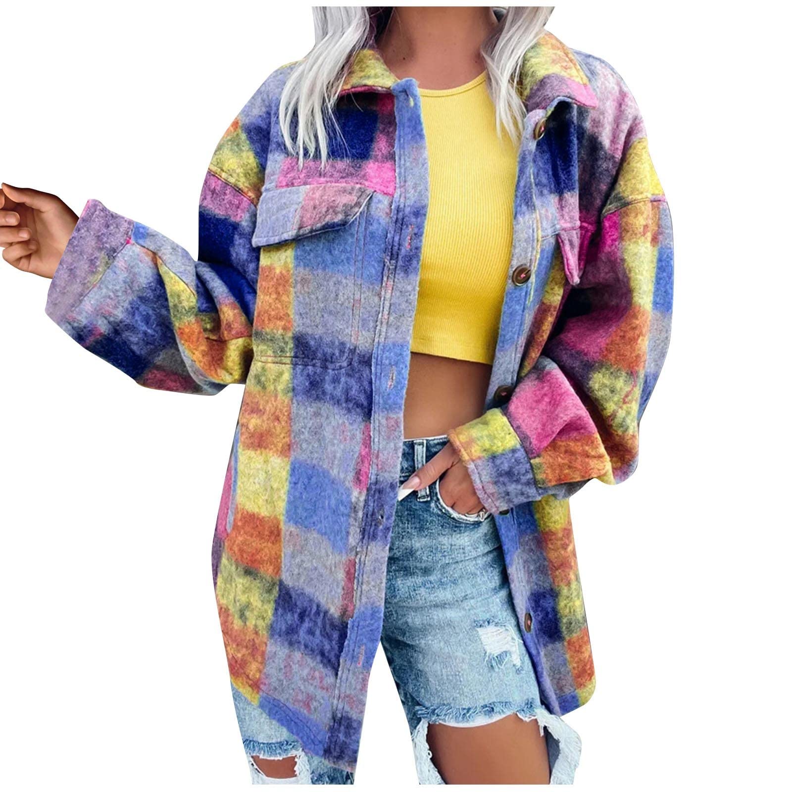 Winterjacke Damen Lang Wollmantel Bunt Bluse Casual Langarm Mantel