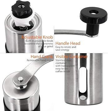 New Larger Capacity 30 Gram Mini Manual Coffee Mill Grinder Stainless Steel Coffee Bean Hand Crank Portable Mill with Non-Slip Silicone Sleeve and Easy to Retrieve Hand Crank for Home