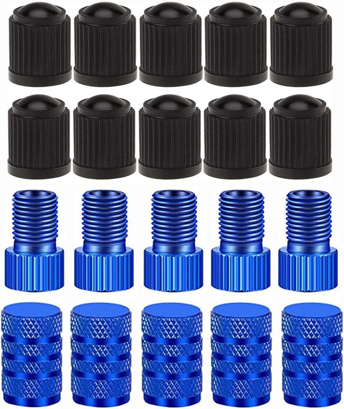 Presta Valve Adapter, 5 Pcs Presta to Schrader Adapters, French/UK to US Bike Valve Adapter with 15 pcs Valve Caps, Bicycle Pump Adapter for Mountain Bike, Road Bike and Cars (Blue)