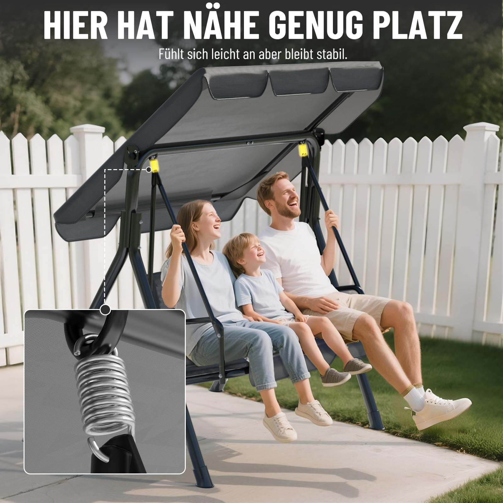 Soontrans 3-Sitzer Hollywoodschaukel, Familienzeit mit Leichtigkeit, Gartenschaukel mit Sonnendach & Gestell & Gepolsterte Sitzauflage, Belastbar bis 200 kg, aus Stahl (193 x 110 x 152 cm, Anthrazit)