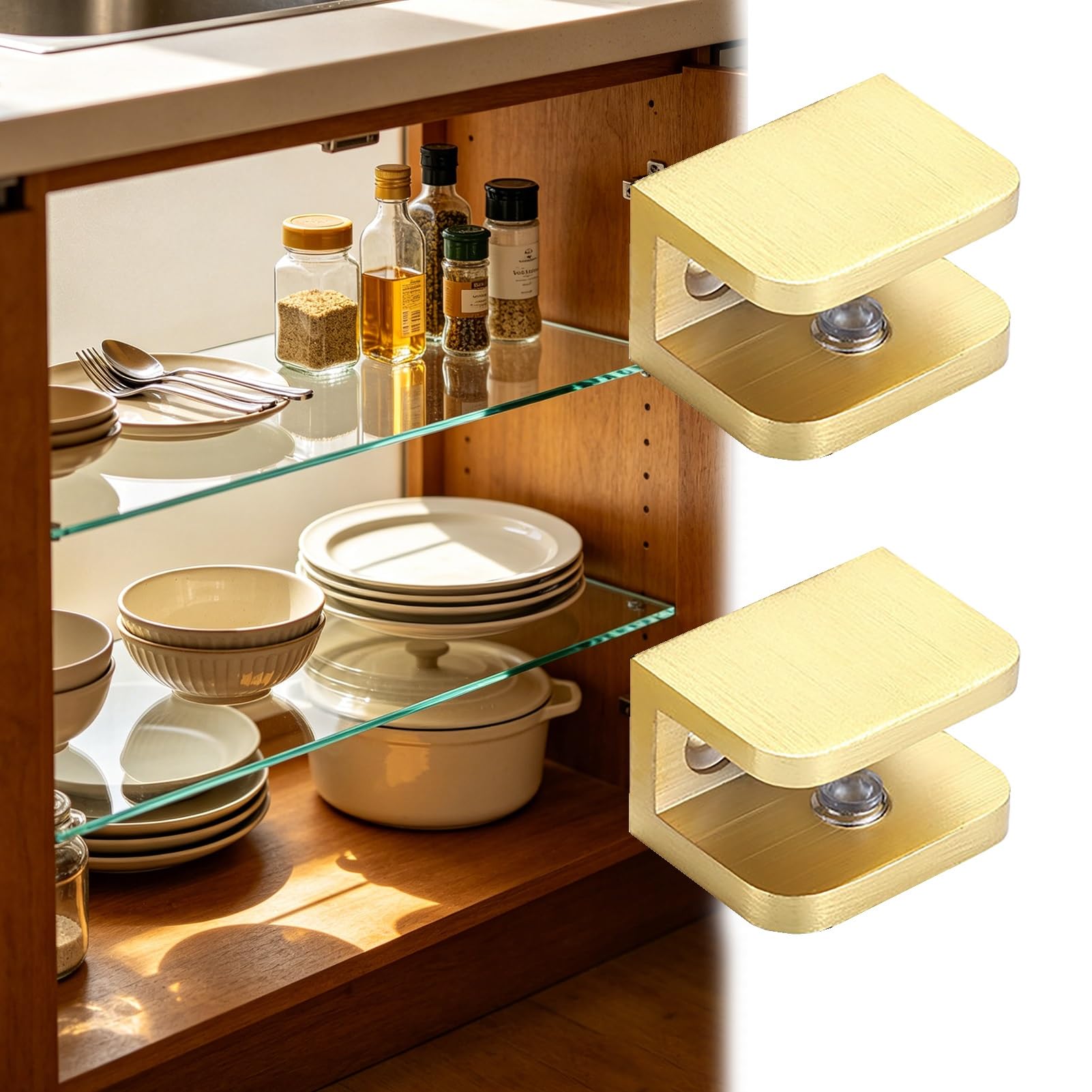 Pince de fixation en verre gold brossé pour étagère et séparation