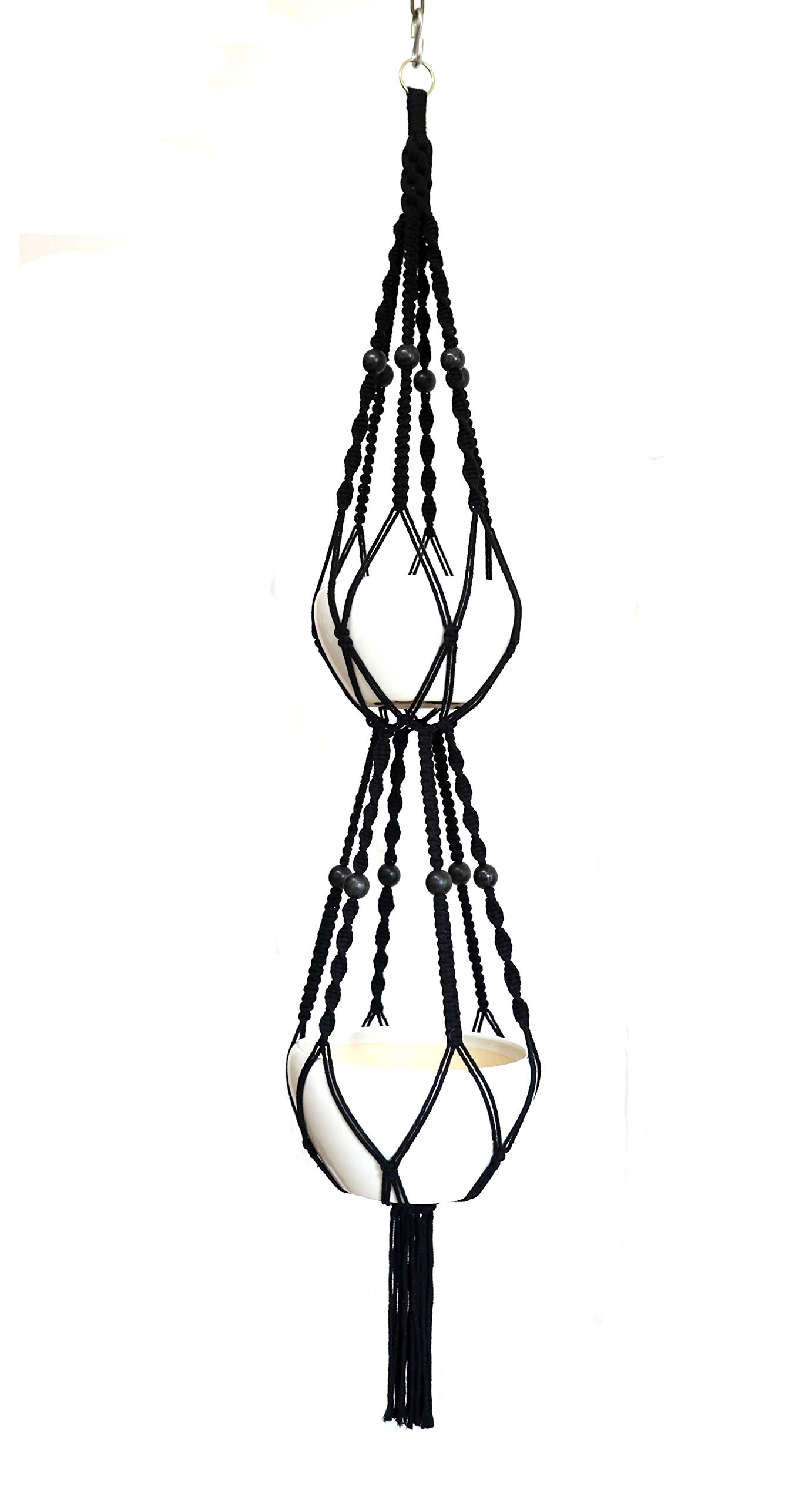 6 Legs Macrame Plant Hanger Natural Hemp and Cotton Rope Plant Hangers with 12 pcs Round Wood Bead, 65-inches Length for 10" Pot (Without The White Pot and Plant) (Black)