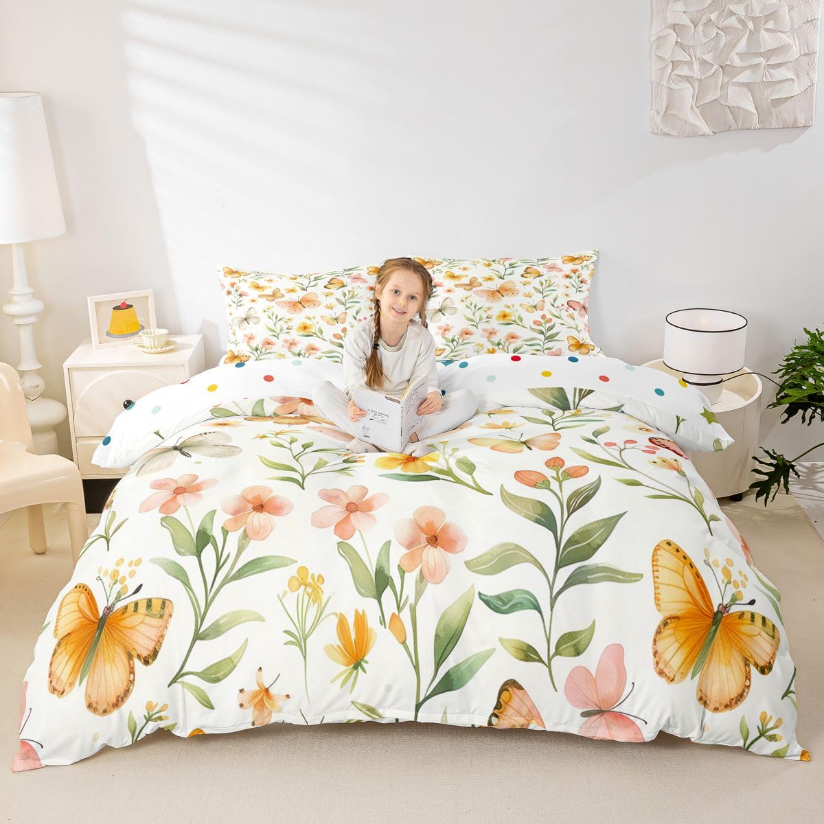 Homewish Akwarela żółty motyl podwójna poszewka na kołdrę botanicall zielone liście zestaw pościeli dla dzieci nastolatków dorosłych wiosna kwiatowy ogród poszewka na kołdrę wiejskie motyle zestawy