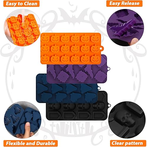 Miniatura 6 de Webake Molde de chocolate de Halloween con forma de calabaza Jack-O-Lantern, calavera, lápida, fantasma, murciélago y araña, moldes de silicona de