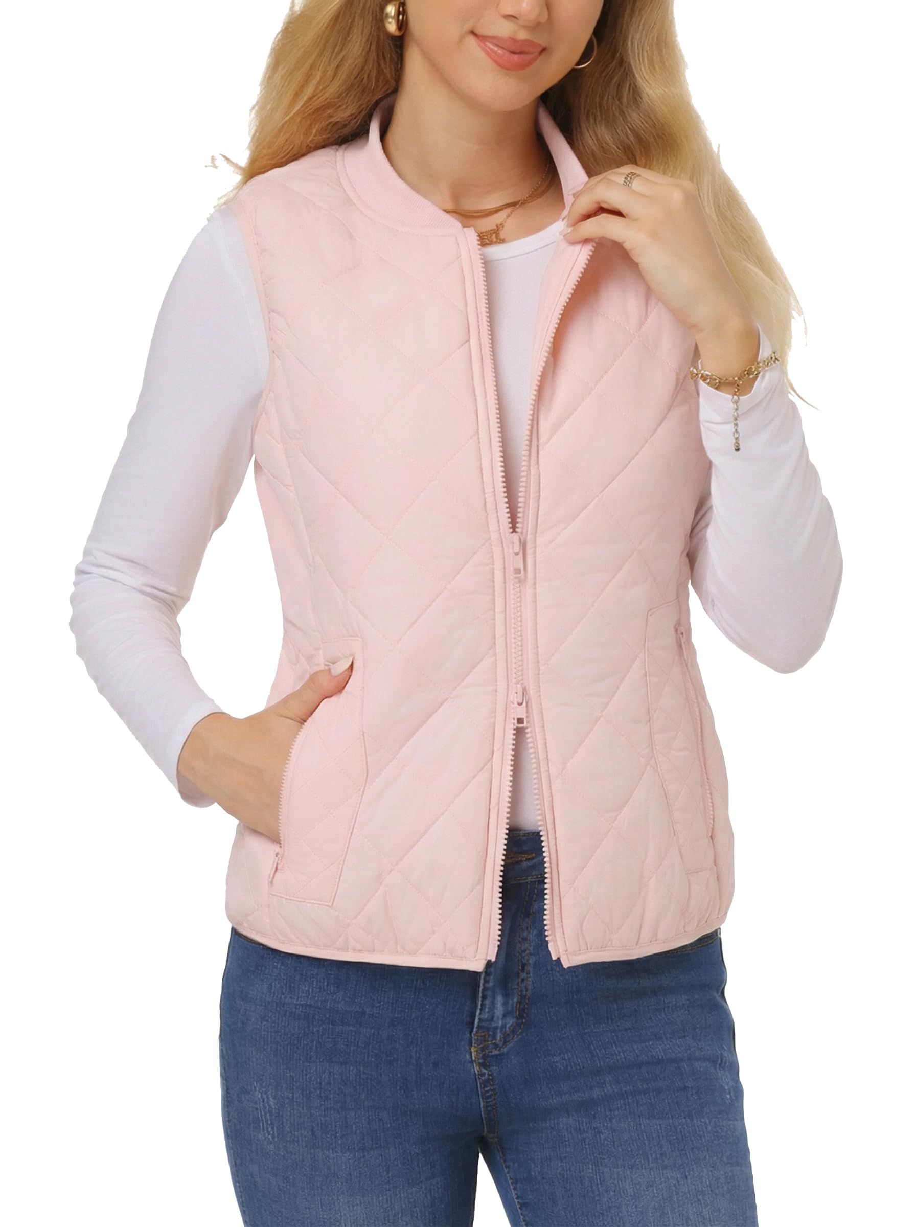 Fuinloth Women's Quilted Vest, Rib Collar Lightweight Zip Padded Gilet
