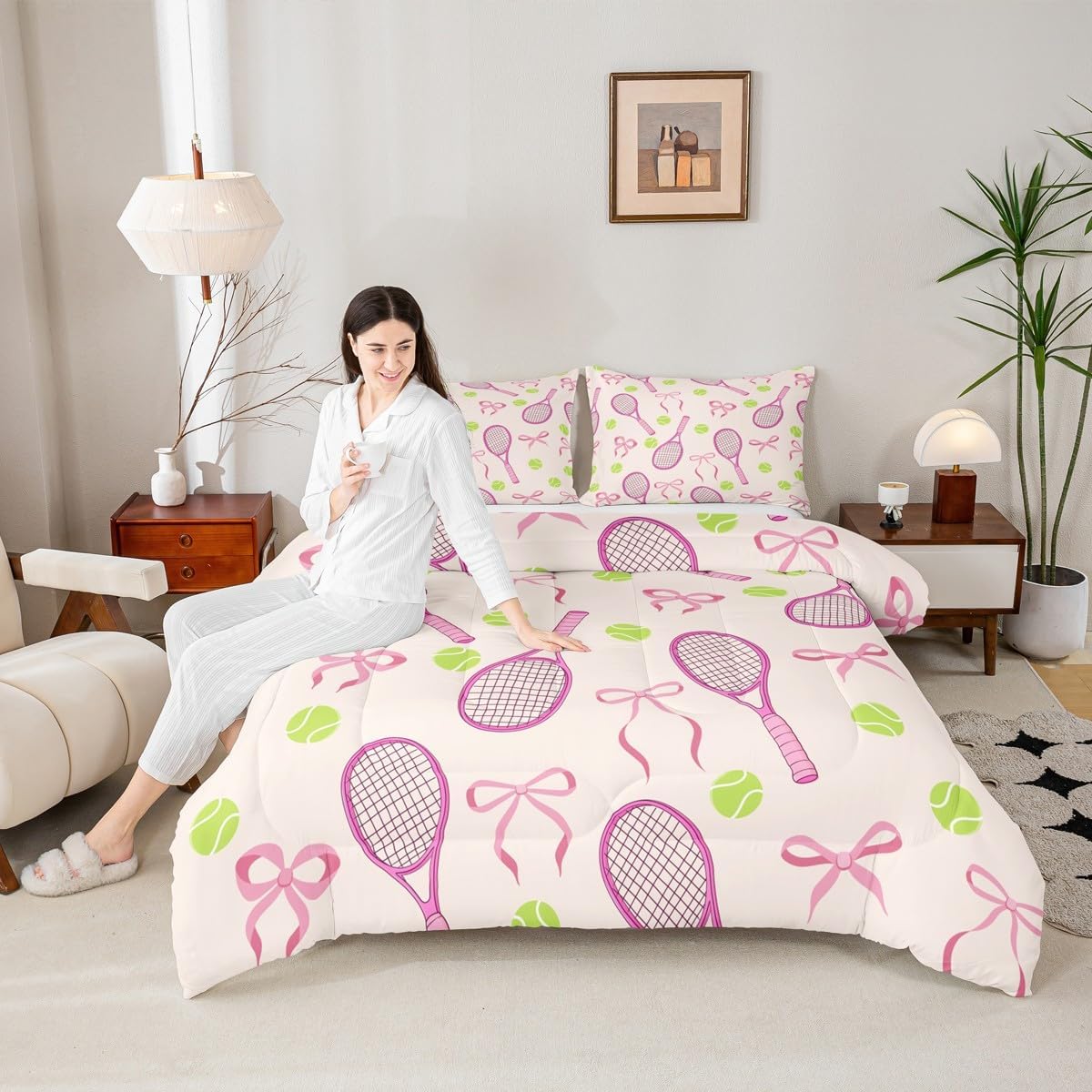 Tennis Kids Queen Comforter Sets,Girls Sport Cute Bowknot Reversible Bedding Set for Boys Teens,Outdoor Sport Ball Game Quilt Set 3 PCS,Pink Yellow Cute Princess Duvet Insert,2 Pillow Cases