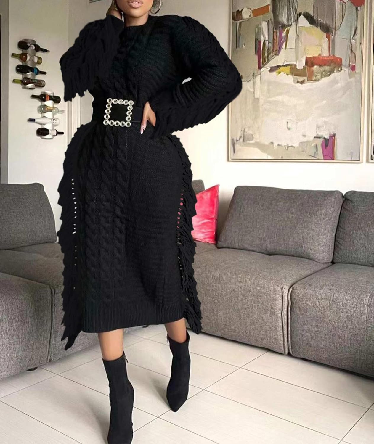 Sexyshine Women's Cable Knit Fringe Sweater Dress Long Sleeve Round Neck Tassel Trim A Line Midi Sweater Dresses - Image 6