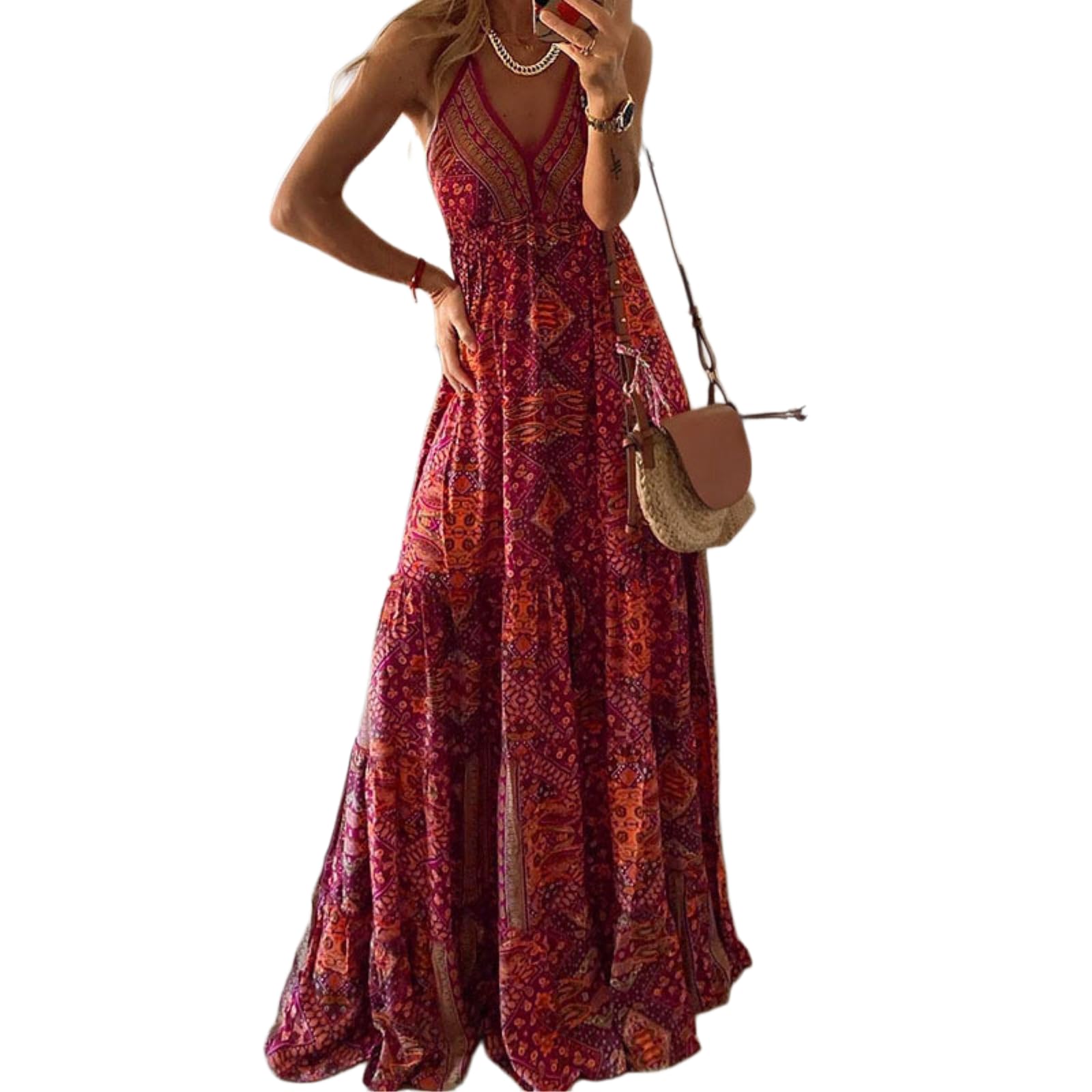 Abito Donna Boho Floral Halter Maxi V Collo A Livelli Lungo Abito, Alta Vita Ruffle Bohemian Abito-Red-XXXL