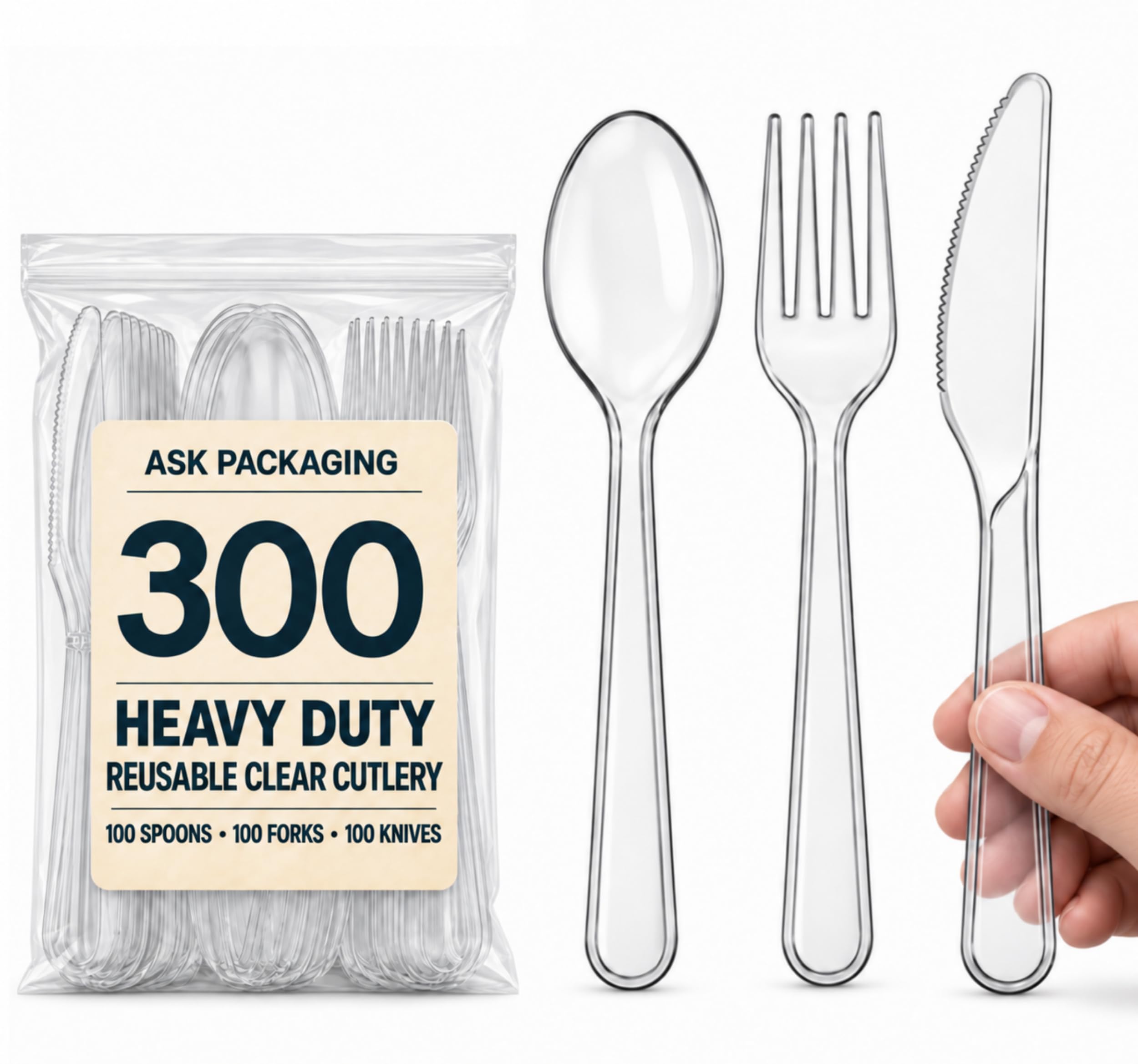 300 Pack Heavy Duty Clear Cutlery Set - Re-usable & Dishwasher Safe