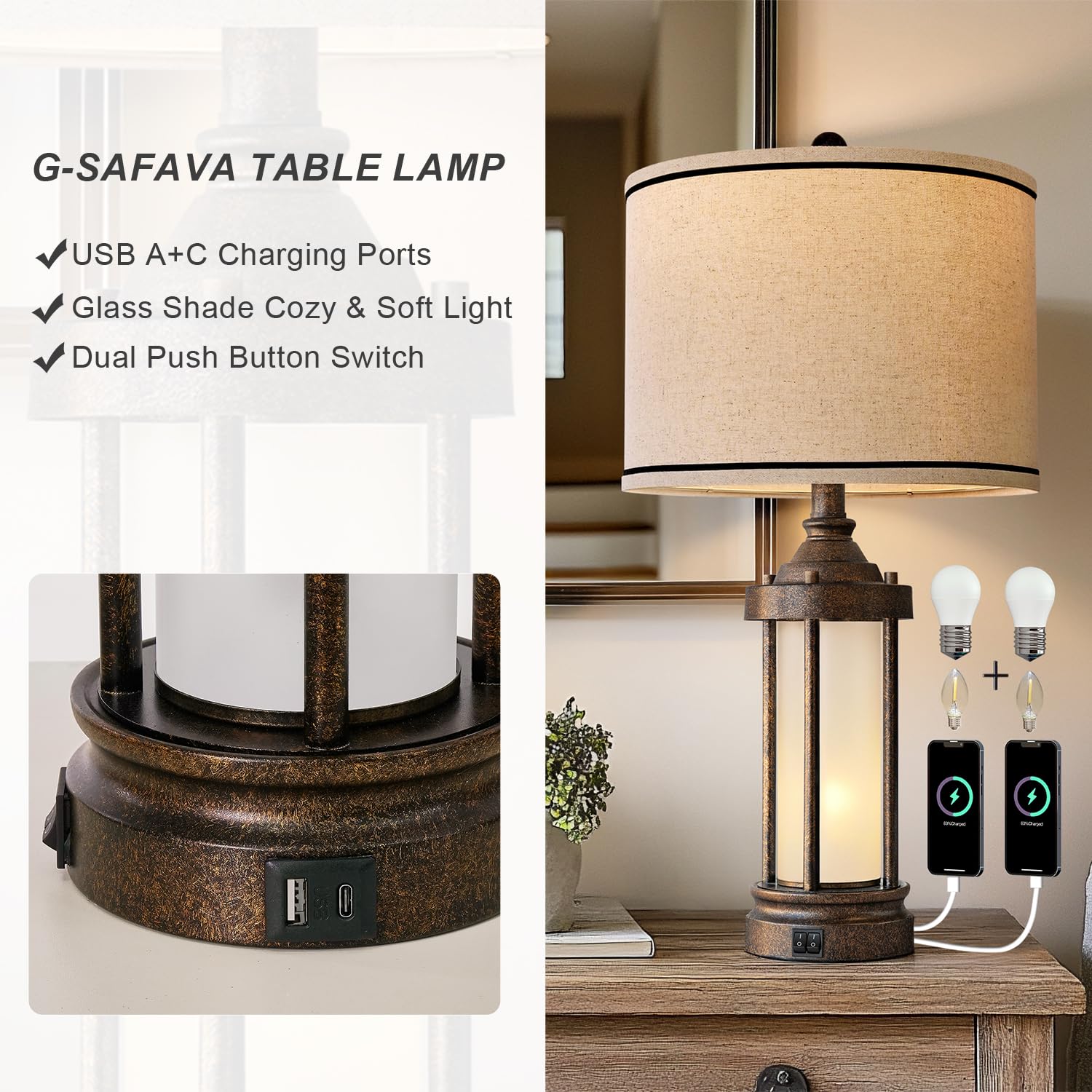 Lámpara de mesa de 25 pulgadas para sala de estar, dormitorio, lámparas de metal con 2 puertos USB, luz nocturna de vidrio esmerilado integrada, lámpara de noche industrial vintage, 2 3