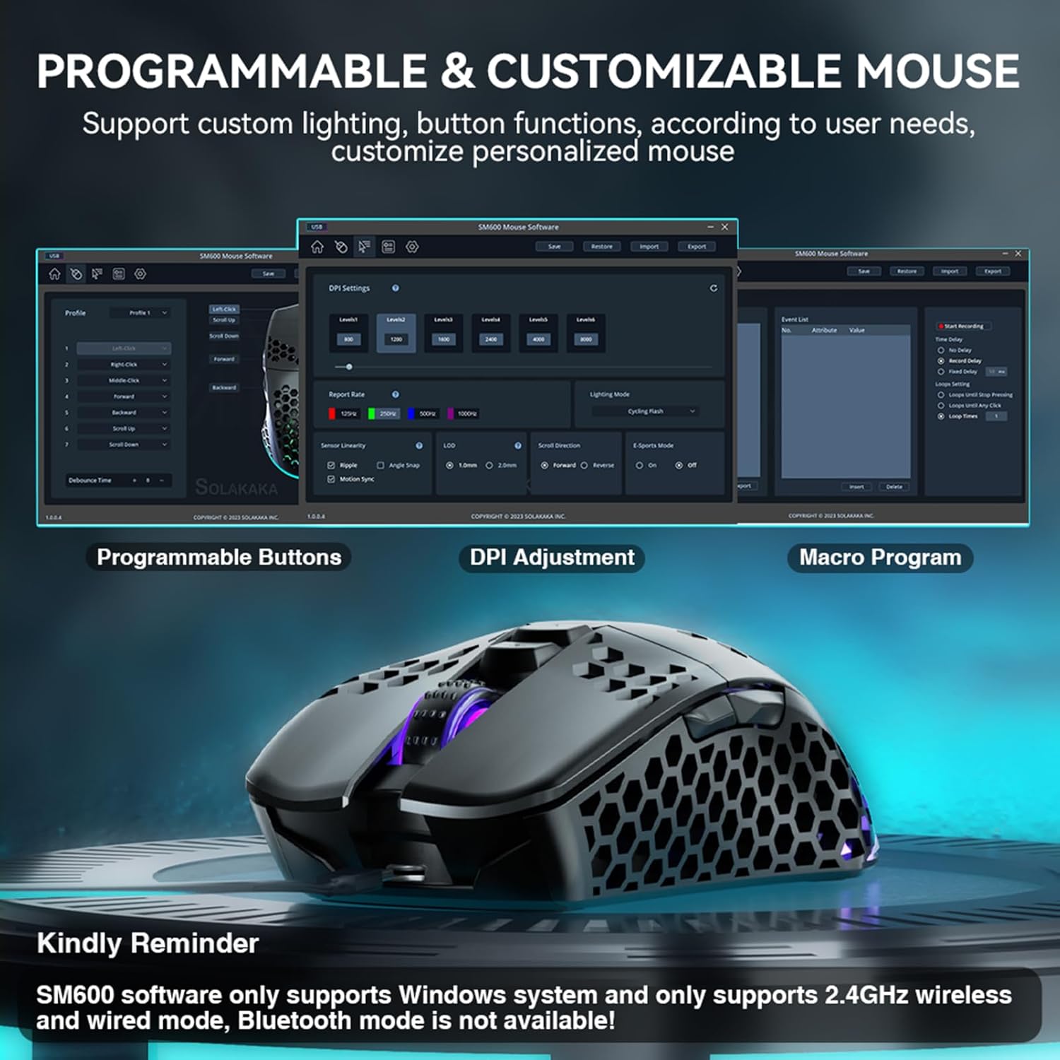 SOLAKAKA SM600 Honeycomb Shell Gaming Mouse Wireless,Tri-Modes BT/2.4G Wireless/Type-C Wired Gamer Mouse with 2 Side Buttons, Macro Programmable and RGB Light for PC/Mac/Laptop,Black 7 71S4QAPGHVL. AC SL1500
