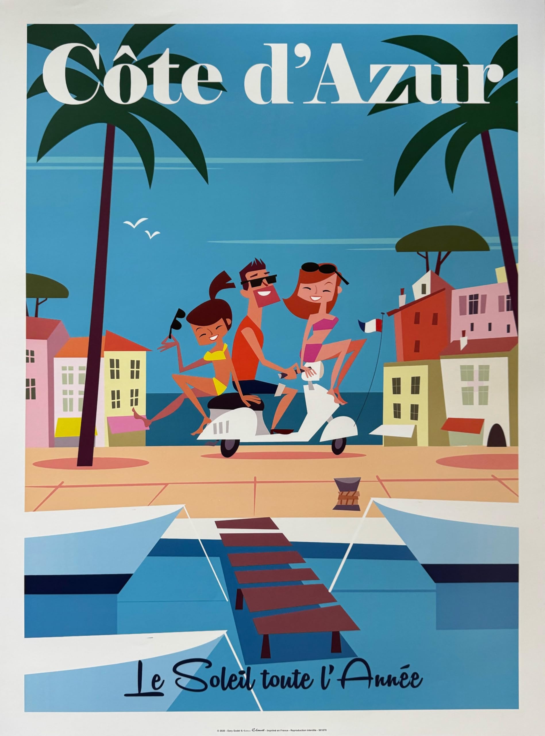 Idée cadeau déco : Affiche Côte d'Azur Gary Godel avec son scooter rétro format 50x70cm