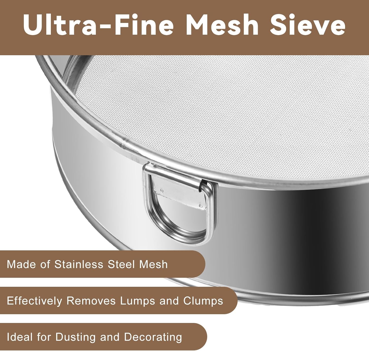 Flour Sifter Stainless Steel Round, Fine Mesh Strainers 6 Inch 60 Mesh Flour Sifter for Baking Sieve Fine Meshs Stainless Steel for Bake Decorate Pies, Pastries