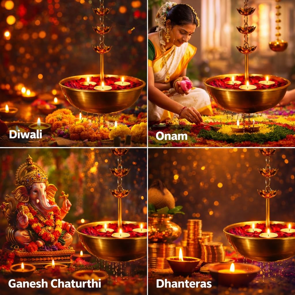 Hanging Urli Bowl for Home Decoration | Metal Urli Pot with Lotus Chain for Floating Flowers & Candles | Diwali Decoration Items for Home | Door Hanging Tealight Holder | Golden, Set of 1 2
