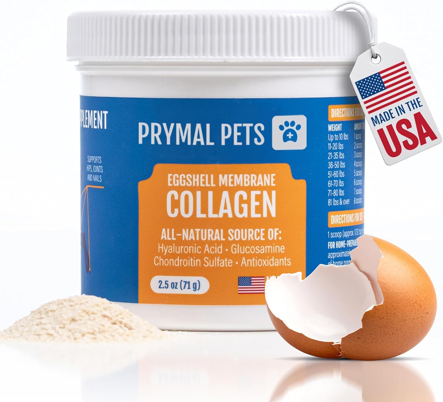 Eggshell Membrane Collagen for Dogs - Non-Gelatin and Non-Bone Marrow Based, All Natural Premium Dog Collagen Powder from Eggshell Membranes: Supports Pet Hips, Joints, Nails, Fur and Digestion.